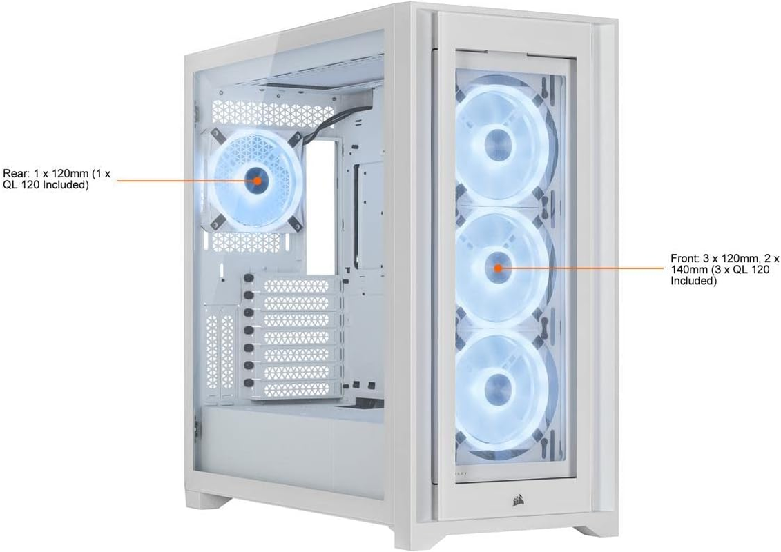 CORSAIR Icue 5000X RGB QL Edition Mid-Tower Case - True White (Four CORSAIR QL120 RGB Fans, Included CORSAIR Icue Lighting Node CORE, Easy Cable Management, 136 Total RGB Leds) White