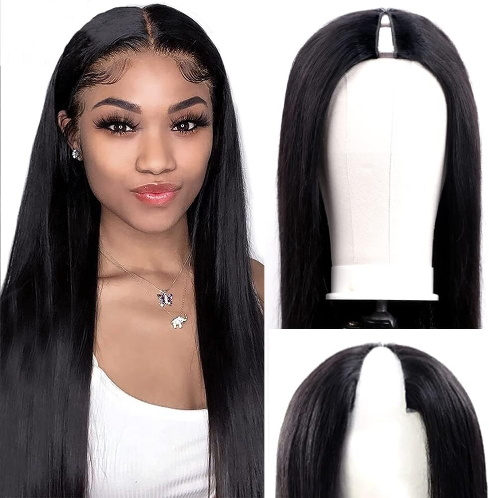Amznlady V Part Brazilian Human Hair Straight Wigs for Black Women U Part Glueless Wig with Middle Clip