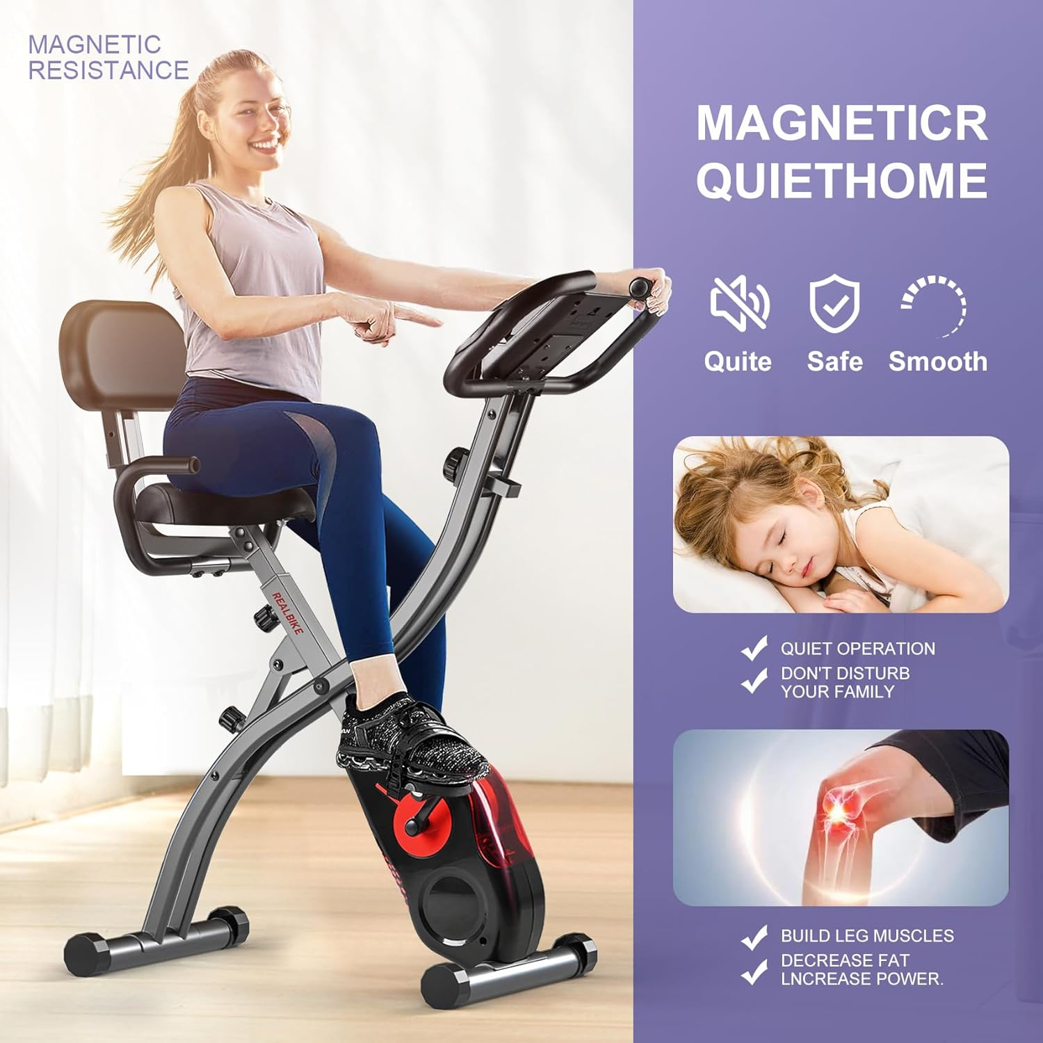 Multifunctional Magnetic Exercise Bike : Ultra-Quiet, Foldable, 8-Level Resistance [Includes Resistance Bands, Heart Rate,Lcd Monitor, Ipad Mount] Good for Home Cardio Training (Red&Black)