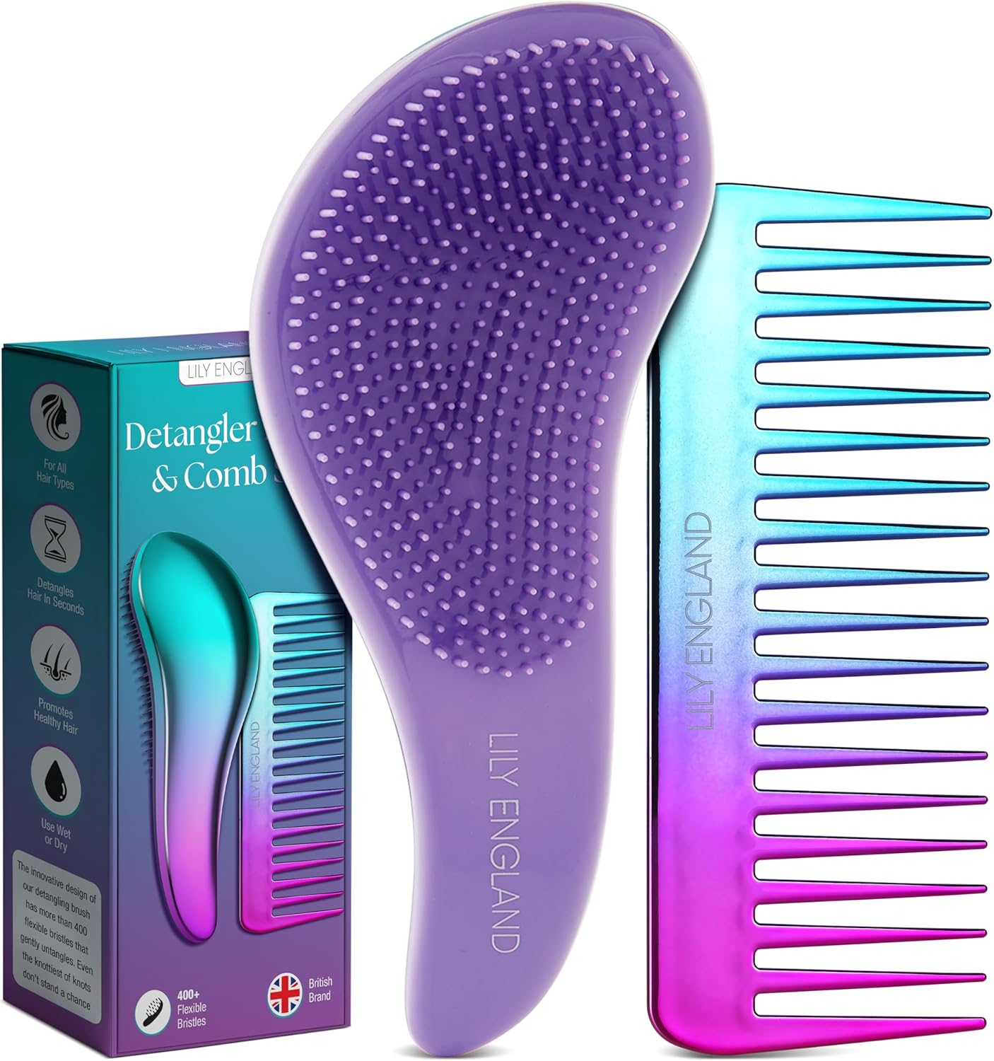 Lily England Detangling Comb & Hair Brush Set - Wide Tooth Comb for Curly, Straight, Thick, Fine & Wet Hair - Gentle & Pain-Free Detangler for Women & Kids - Lightweight Haircare Tools, Rose-Gold