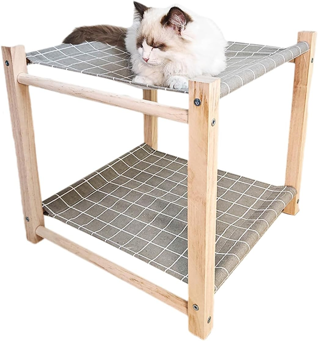AIMALL Solid Wood Dual-Layer Cat Hammock, Detachable and Washable, Breathable Cat Bed for All Seasons, Moisture-Proof, 17X17X16.5 Inches