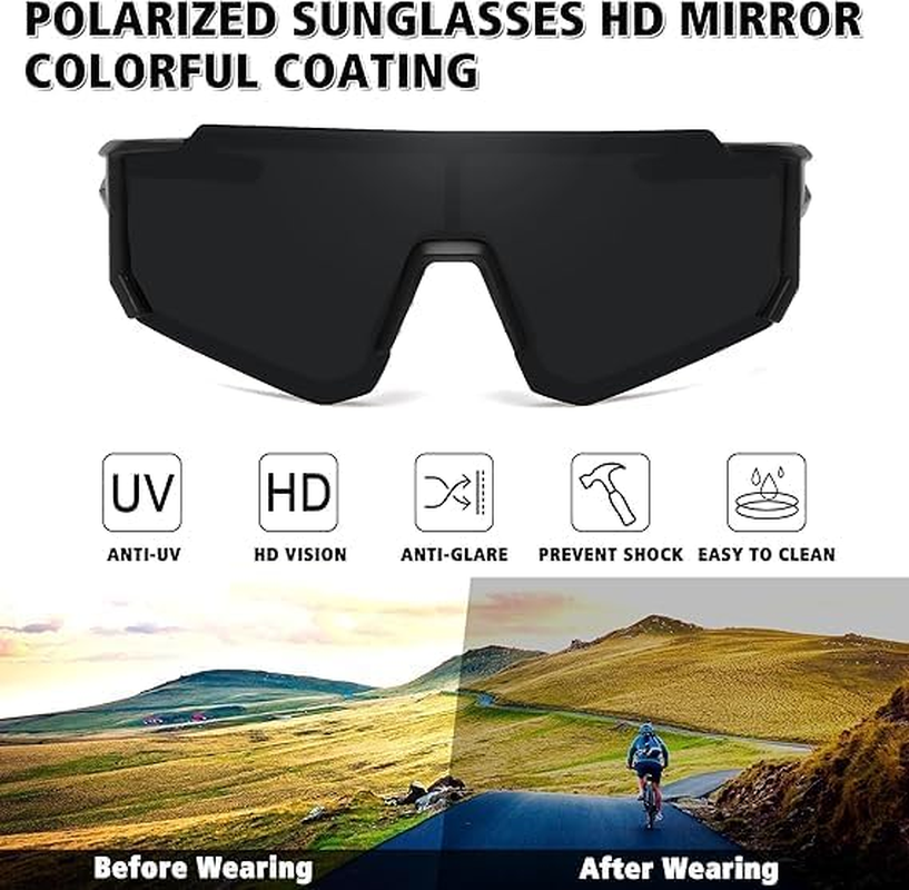 Polarized Sports Sunglasses for Men Women,Driving Fishing Cycling Mountain Bike Sunglasses UV400 Protection (Black Frame-Red Mirror Lens) - Black Frame-Red Mirror Lens image number 6