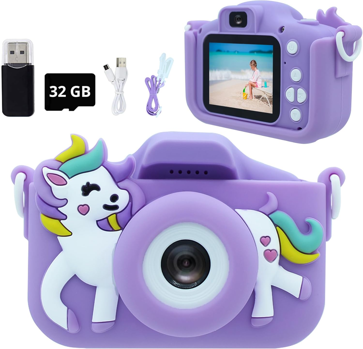 Kids' Digital Cameras, Mini Dual Camera Rechargeable Children'S Camera Gift, Boys and Grils Aged 3 to 9 Years Old,8 Million HD Video 2 Inches Screenfor Outdoor Play /32GB Card (Purple-Horse) image number 3