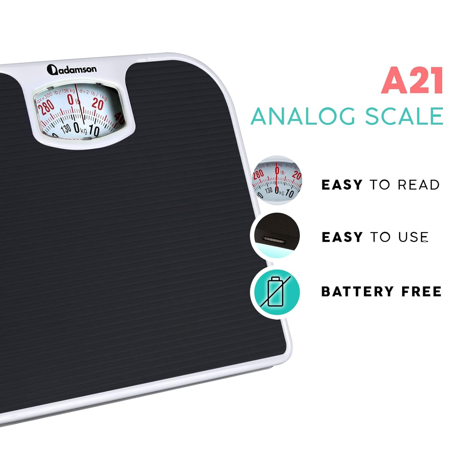Adamson A21 Analog Scales for Body Weight - up to 300 LB - New Version - Anti-Skid Rubber Surface + Large Numbers - Analog Bathroom Scale - Affordable - Durable with 20-Year Assurance - Black