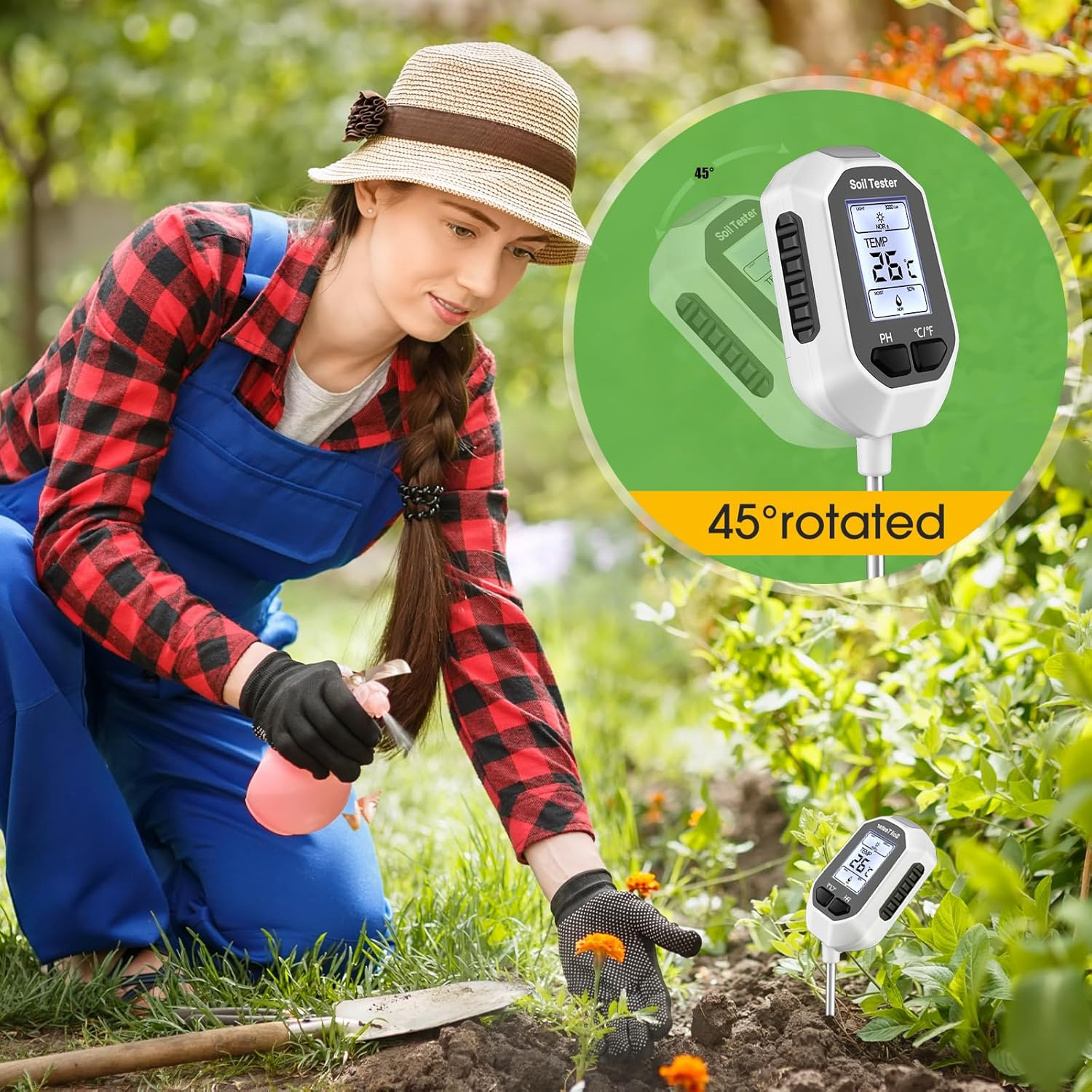 4-In-1 Soil Moisture Meter Digital Plant Temperature/Soil Moisture/Ph Meter/Sunlight Intensity Backlight LCD Display Soil Test Meter for Gardening, Farming and Outdoor Plants image number 2
