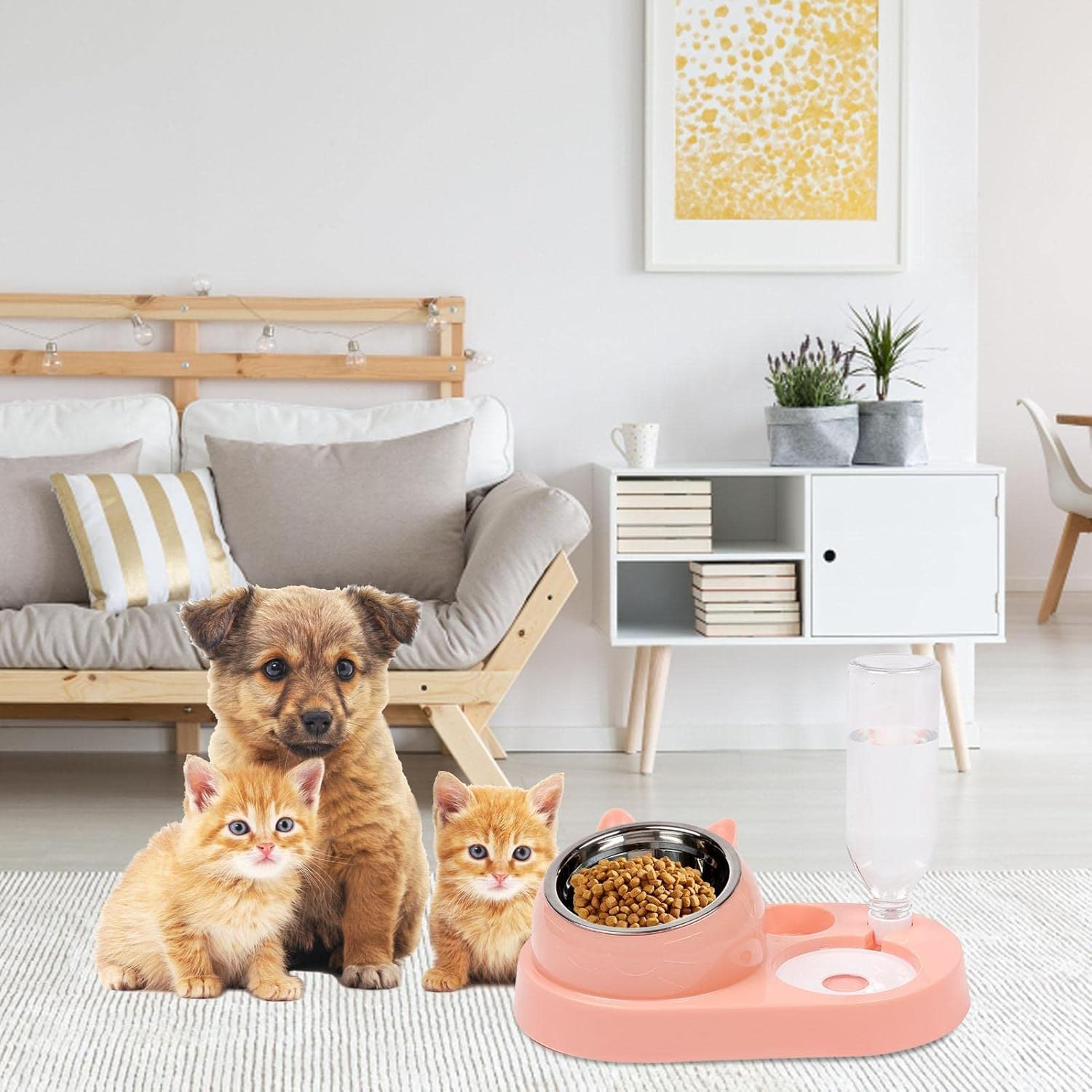 Cat Food Bowls - Cat Water Bowl with Stand - Cat Food Feeding Dishes with Automatic Cat Water Bottle for Small Dogs and Cats (Color : C: Pink Stainless Steel Bowl) image number 3