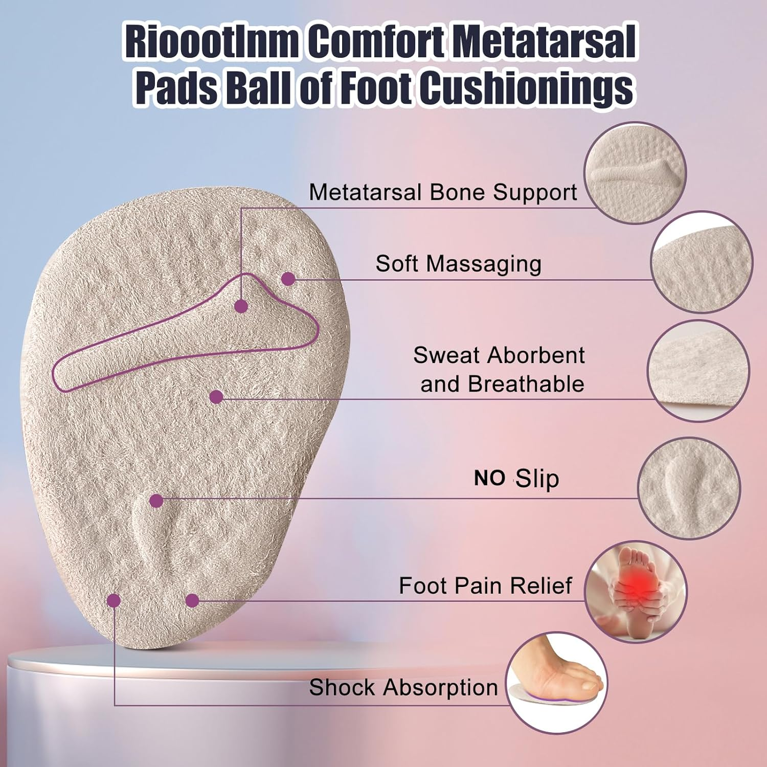 Riootlnm Metatarsal Pads, Ball of Foot Cushions, Heel Pads Inserts for Too Big Shoe, Reduce Foot Pain, No Slip Heel Grips Liners Shoe Pads for Loose Shoe, Blisters, Beige+Black, One Size image number 1