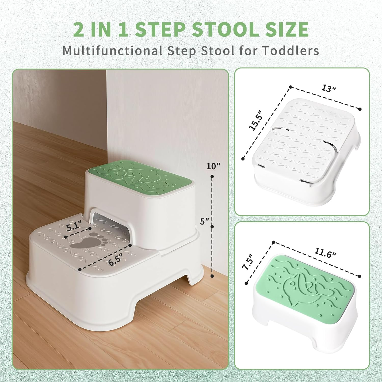 Mangohood Step Stools for Kids - Double up Toddlers Stool Multifunctional Toilet Stepping Stool for Kids Anti-Slip Step Stool for Bathroom Sink, Potty Training, Kitchen (Green-1Pack) image number 6