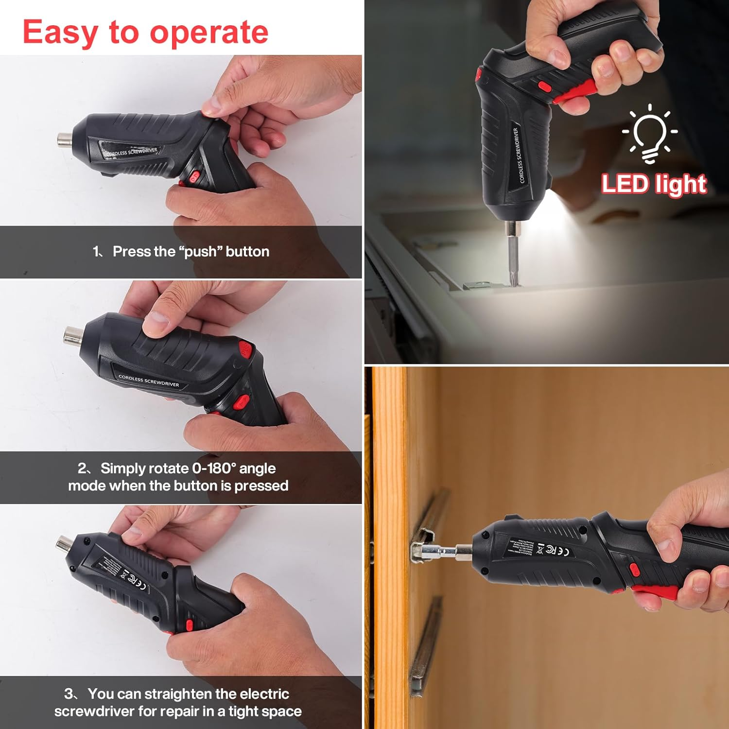 Enginer Cordless Screwdriver Kit: 3.6V Type-C Rechargeable, Led-Arbeitslicht + Taschenlampe, Lightweight, Multi-Purpose Tool for Home DIY, Furniture Assembly, Wood/Tile/Glass Repair
