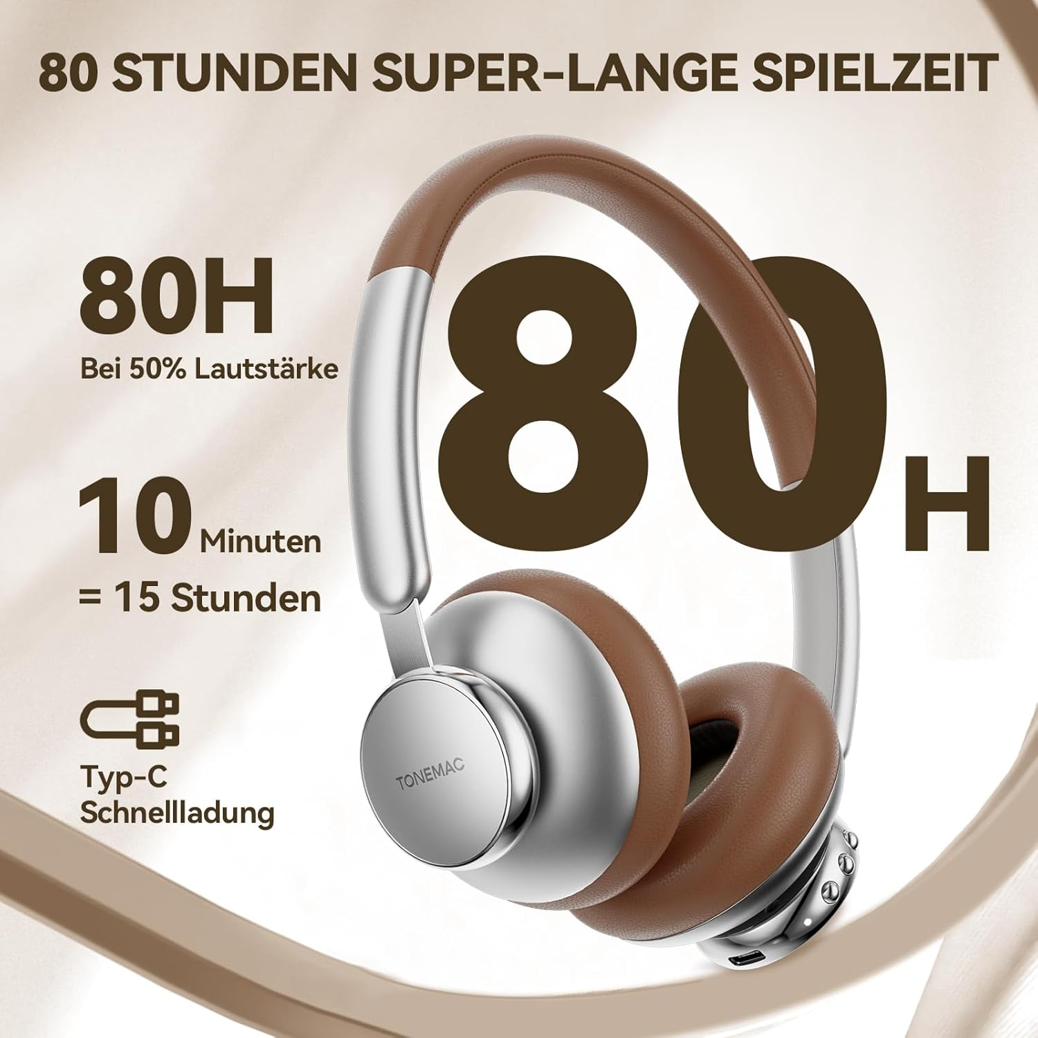 TONEMAC H9 Wireless Headphones, Bluetooth 5.4, Built-In Microphone, 80 Hours Playtime, Brilliant Style, Gaming Mode, Noise Isolation, Retro Rock Style, 36Mm Deep Bass Headsets, Brown image number 1