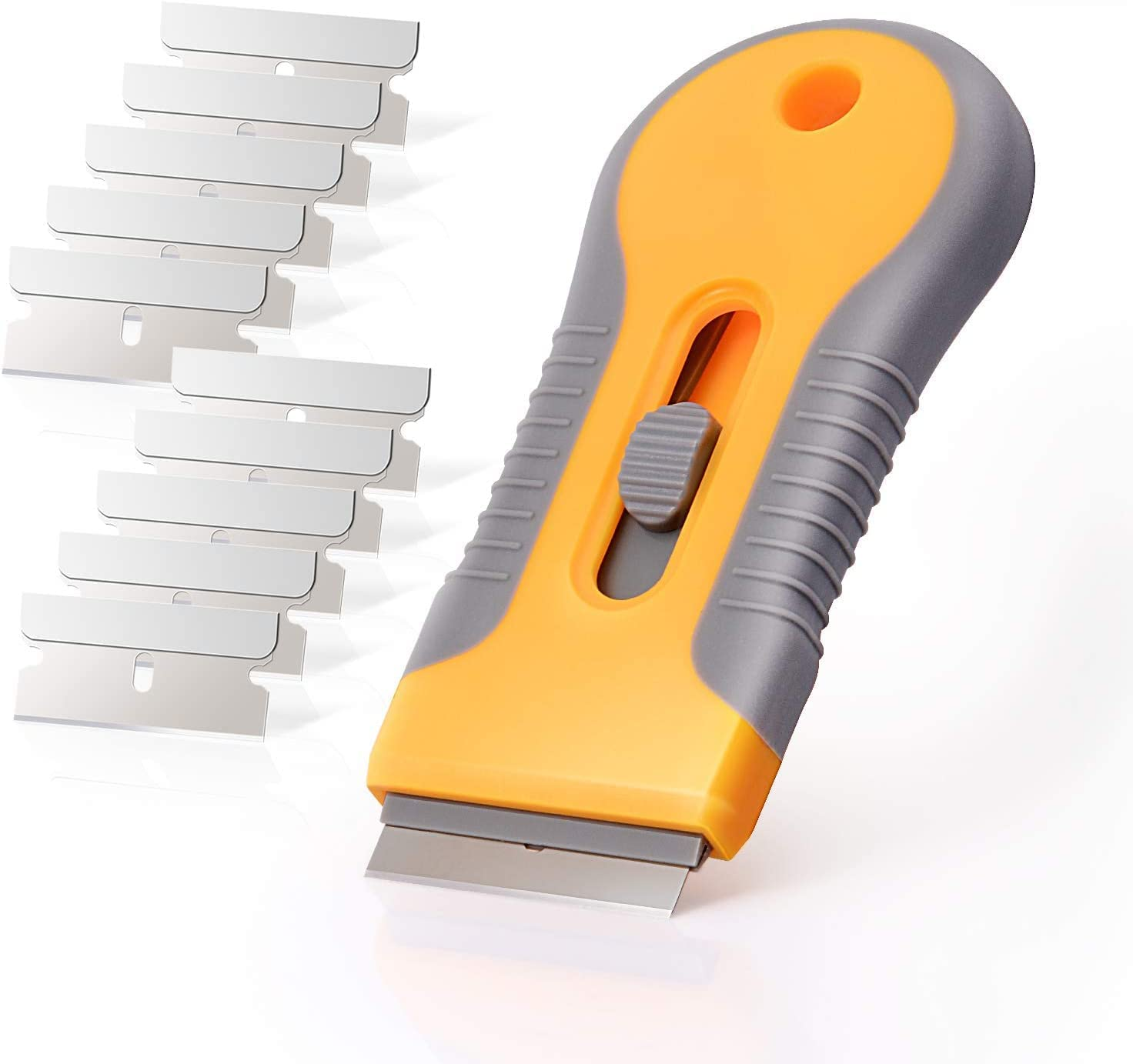 Razor Blade Scraper,1Pcs Multi-Purpose Mini Razor Scraper,Scraper,Mini Scraper Bonus Blades,Multi-Purpose Cleaning Razor Scraper,Plastic Razor Blade Scraper with 10Pcs Metal Blade,Yellow
