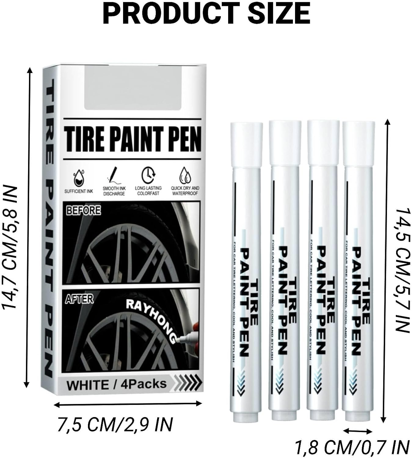 White Car Tyre Marker Pen, 4 Pieces, Fine Tip, Waterproof, Letter Print, 0.3Mm, Alcohol Ink Base, Tire Pen