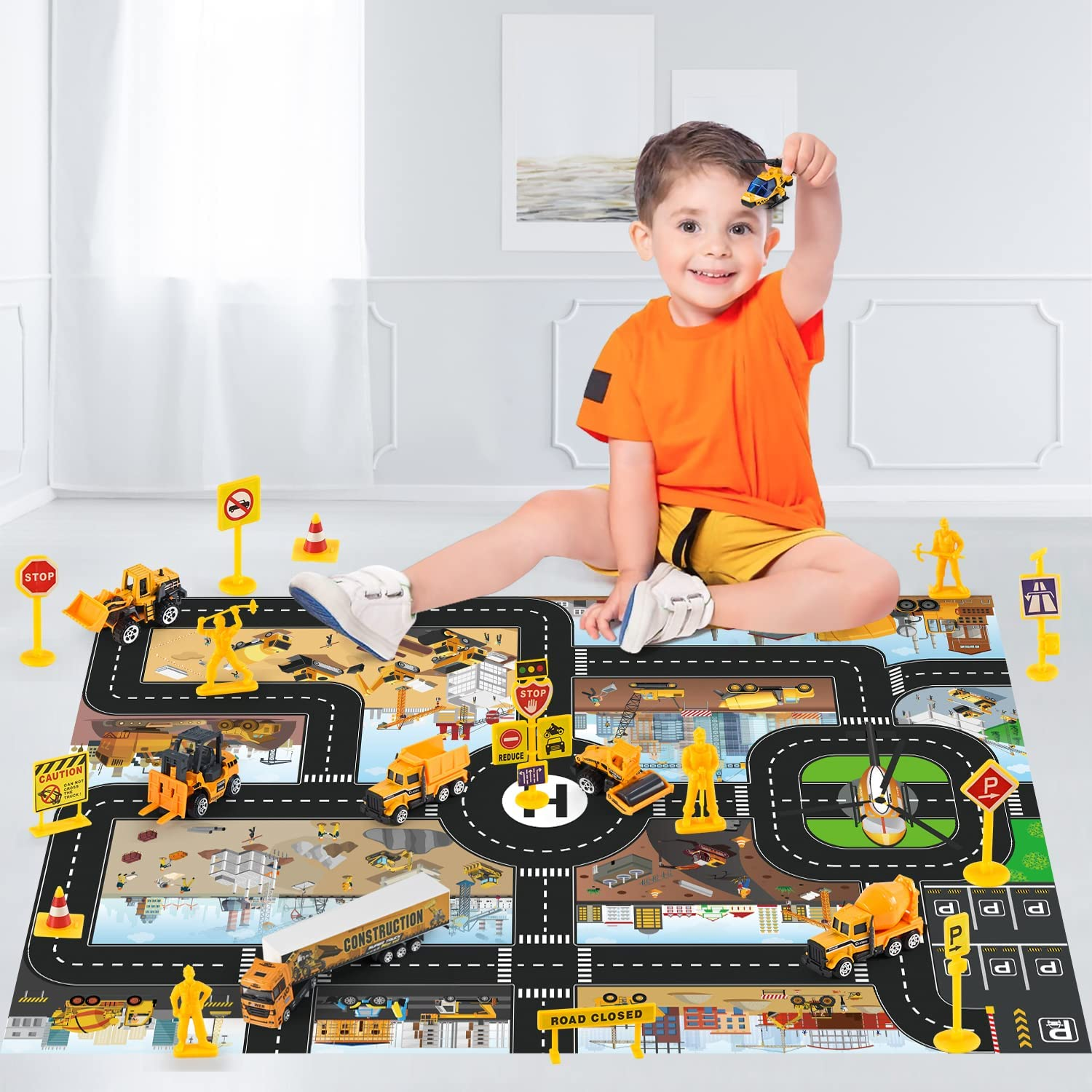 Jenilily Construction Vehicle Toy Car Set Play Mat, Long Truck, Forklift, Bulldozer, Excavator, Mixer, Dump Truck, Alloy Car Toys for 3 4 5 6 Years Old Toddlers Kids Boys