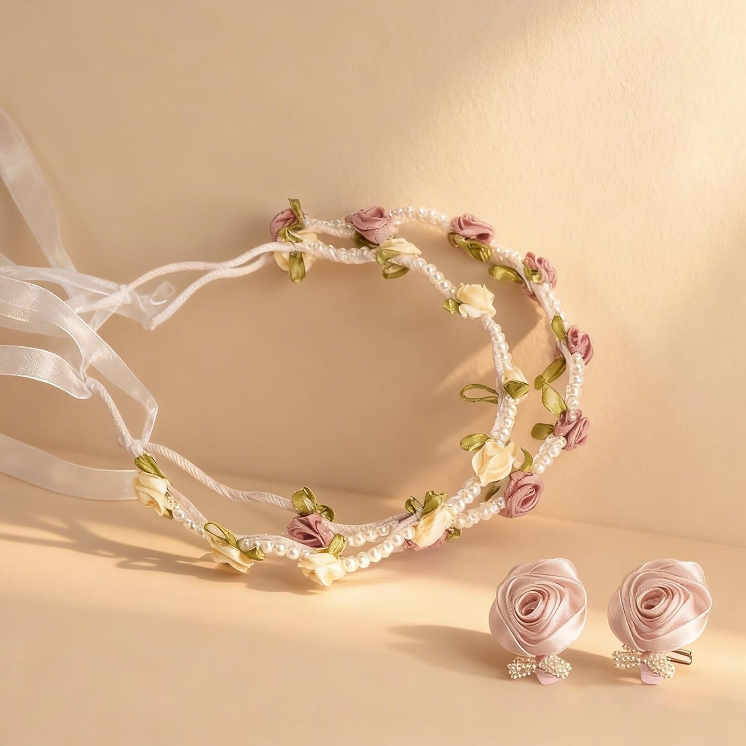 VOSSOT Set of 2 Flower Wreath Hair Band Set with Pearls Flower Headband Pink & Cream Flower Hair Wreath for Wedding, Oktoberfest, Dirndl, Party, Photo Shooting image number 2