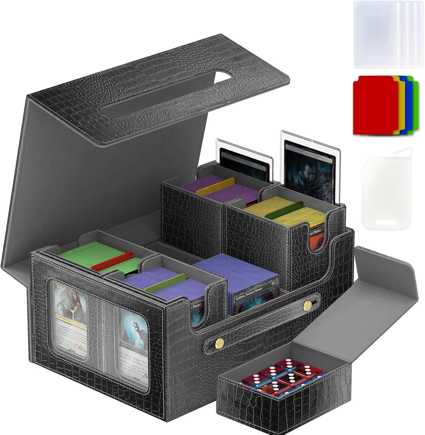 Cyperever Leather Trading Card Storage Box for MTG, Card Storage Box with Commander Deck Display, MTG Deck Box, TCG Sports Case, 4 Toploaders, 4 Stoppers, 10 Colorful Dividers (Black & Red)