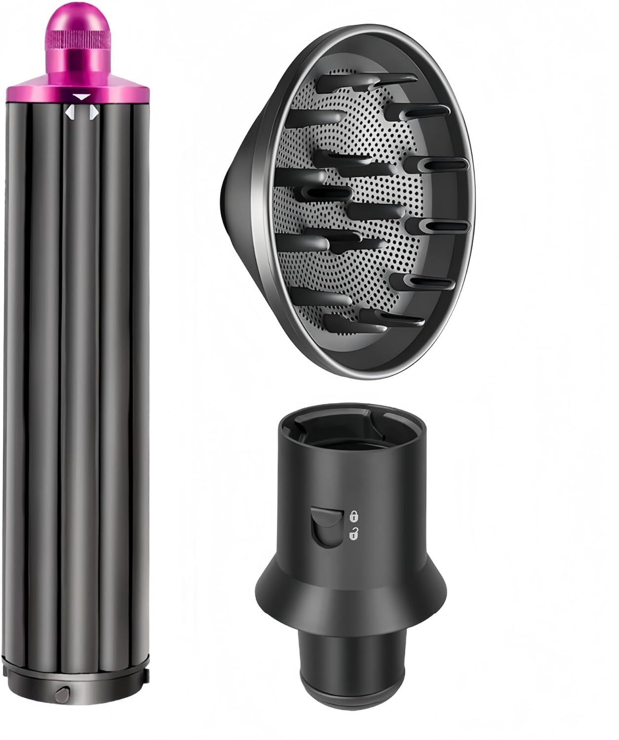 Longfng Hair Dryer Attachment Set (3-Piece) &ndash; Diffuser, Curling Barrel & Adapter for Converting Supersonic Hair Dryer into Curling Styler &ndash; Compatible with Dyson Airwrap Accessories