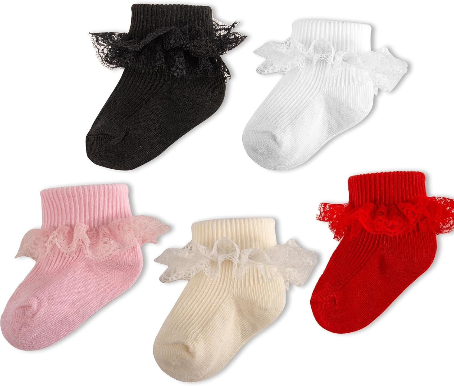 Baby Girls Socks Eyelet Double Lace Ruffle Socks Cotton Turn Cuff Frilly Sock for Preemie Newborn Infant Toddler image number 3