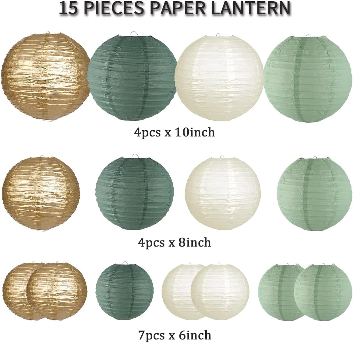 Paper Lanterns Decorative, round Hanging Paper Lanterns Decorations for Rustic Party Bridal Shower Wedding Sage Green Birthday Party Supplies Gold/Ivory/Sage Green 15Pcs image number 3