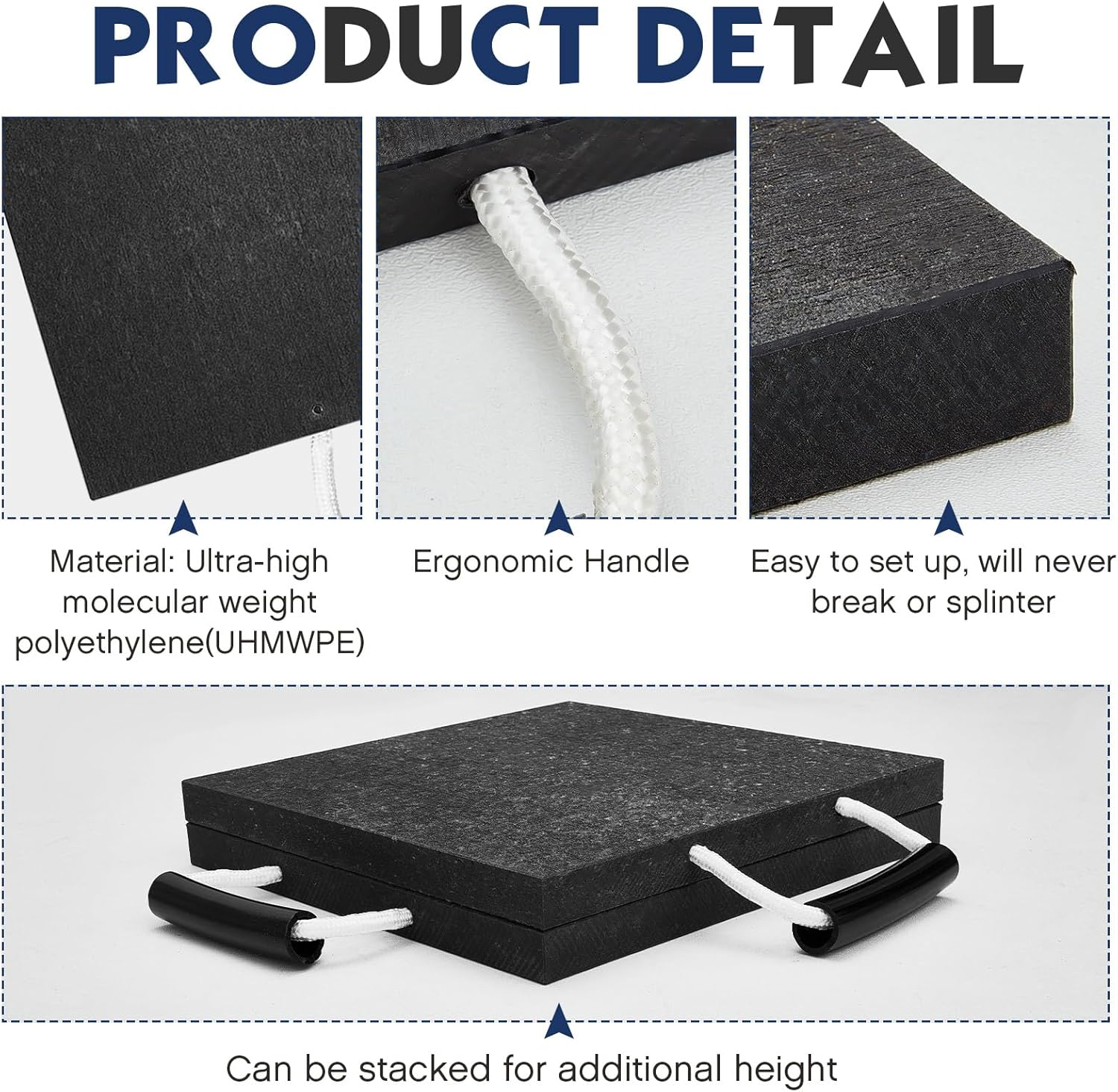 2 Pcs Rv Jack Blocks Pads Stabilizing Outrigger Pads Rv Leveling Stackable Waterproof Handle for Tow, Service Truck, Trailer, Crane, Wrecker Landing Gear, Black (8 X 8 X 0.7 Inches) image number 3