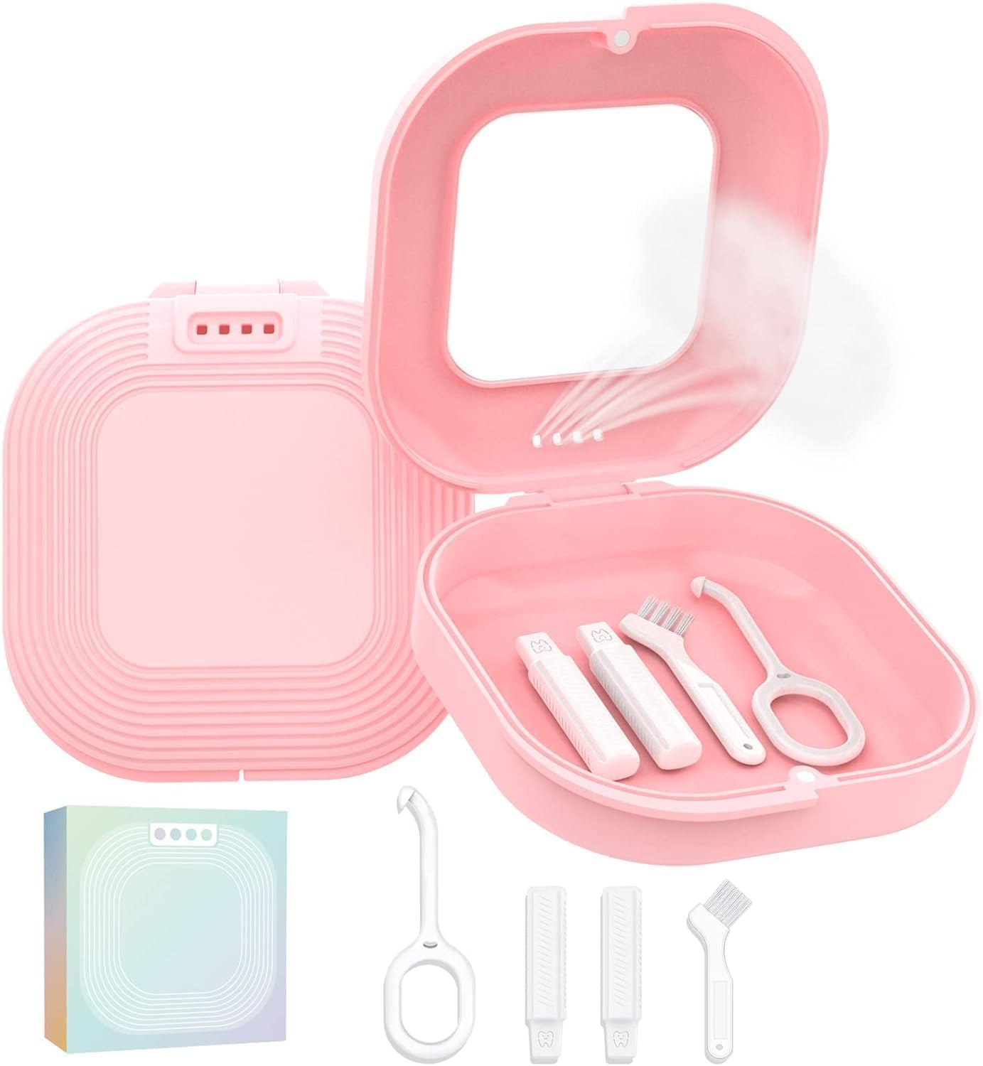Retainer Case with Mirror & Adjustable Vent Holes &ndash; Slim Aligner Case Compatible with Invisalign & Night Mouth Guards, Includes Remover Tool Chewies and Brush- Cute & Portable Holder （Pink）