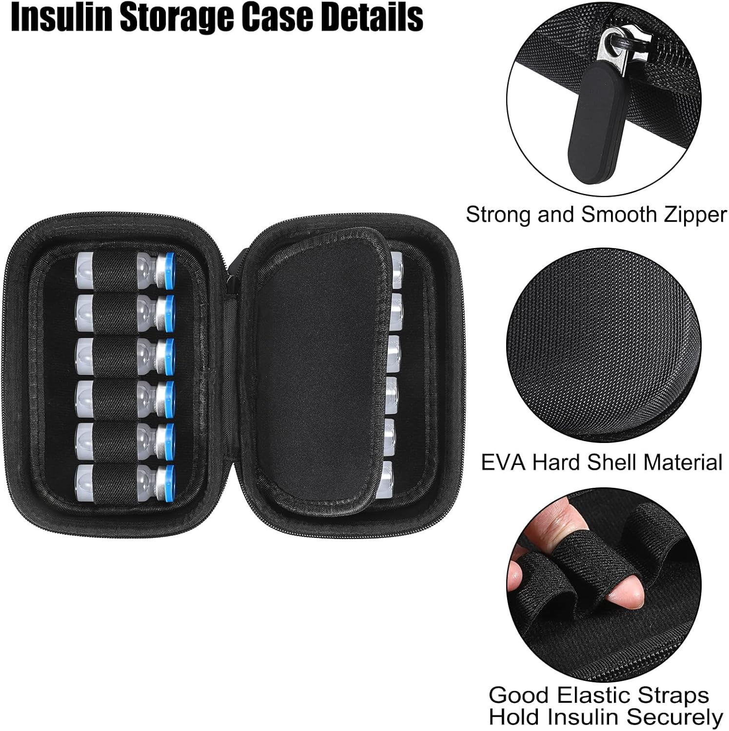 ELLDOO Insulin Fridge Holder Storage Case, 12 Slots Insulin Vial Organizer Bag Fitting Standard 10Ml U-100 Vials, Black Travel Case Bottle Organizer Reliable Vial Protector（Only Case）