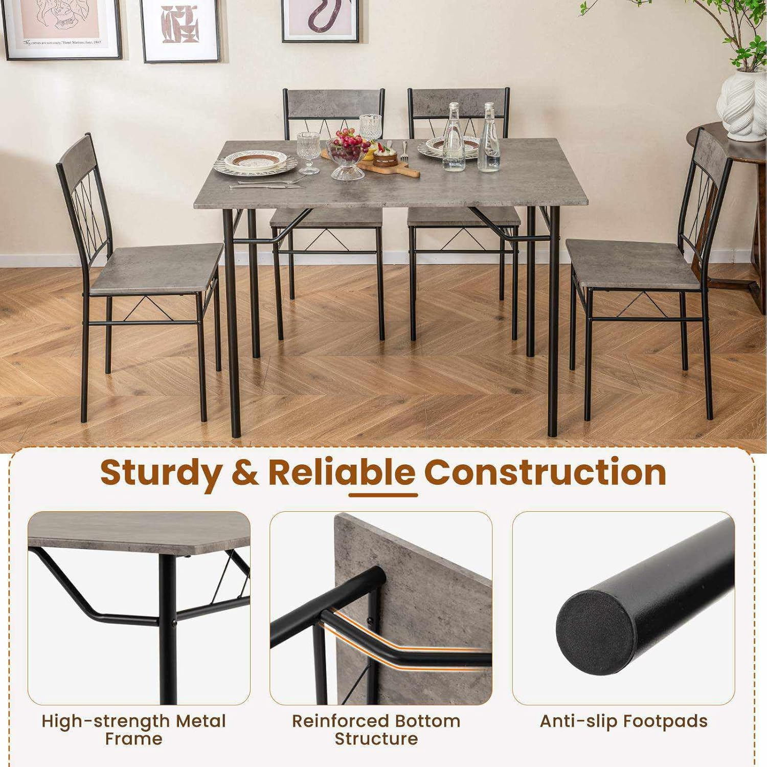 Giantex 5Pcs Dining Table Set for 4, Modern Kitchen Dining Room Furniture Set W/Kitchen Table, 4 Dining Chairs, Metal Frame, Space-Saving Dinette Set for Small Place Home Office Breakfast Nook (Grey) image number 3