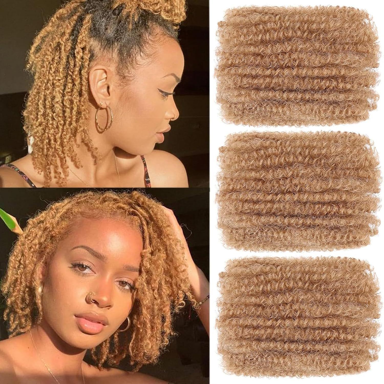 SHIHERESH 12 Inch Afro Kinky Curly Braiding Hair Bulk for Dreadlock Extensions 3 Bundles Marley Twist Hair Bulk for Micro Locs Spring Afro Twist Braids and Repair Locs (27#, 30 G/Pack) image number 4