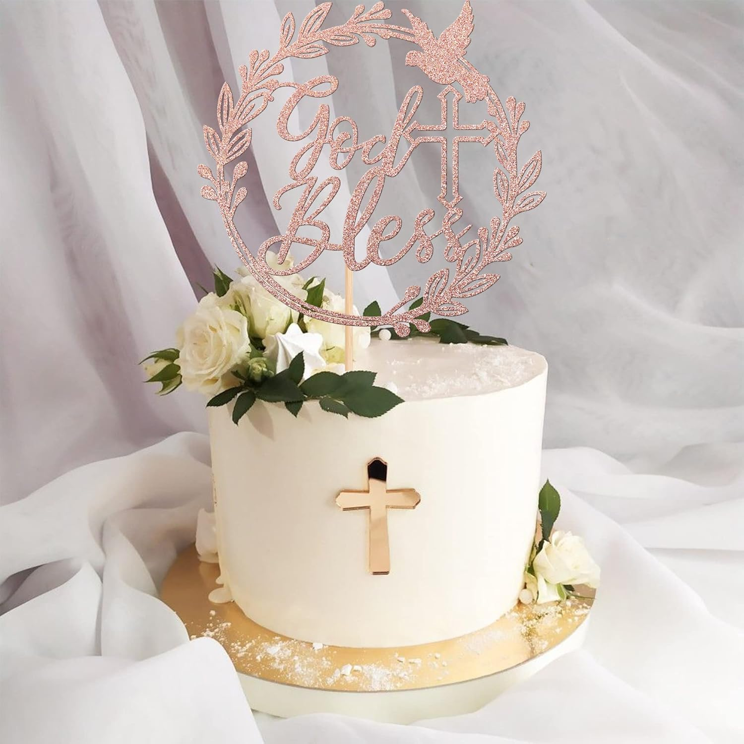 SYKYCTCY 1 Pack God Bless Cake Topper with Dove Glitter Cross First Holy Communion Cake Pick for Celebration Christening Religious Baptism Baby Shower Birthday Party Cake Decorations Rose Gold image number 5