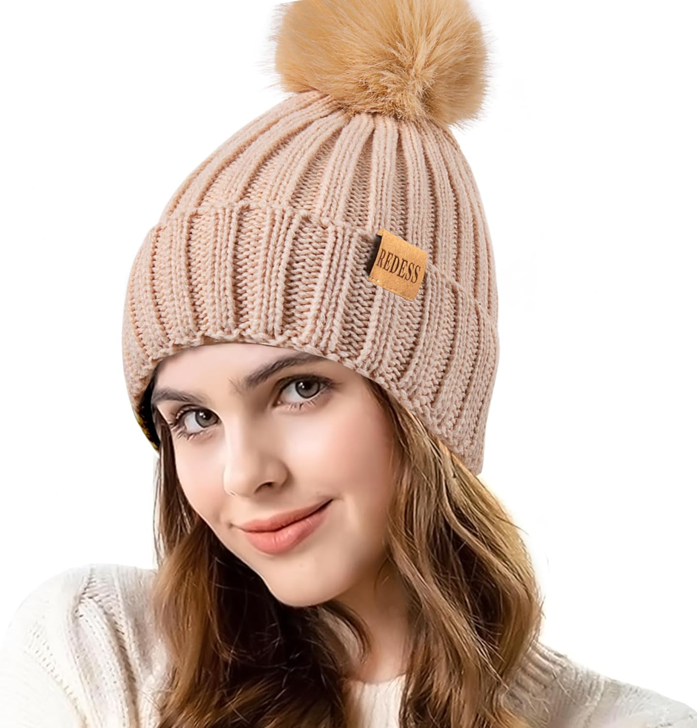 REDESS Womens Winter Knitted Beanie Hat Warm Fleece Lined with Pompom Cap Thick Slouchy Snow Knit Skull Ski Cap