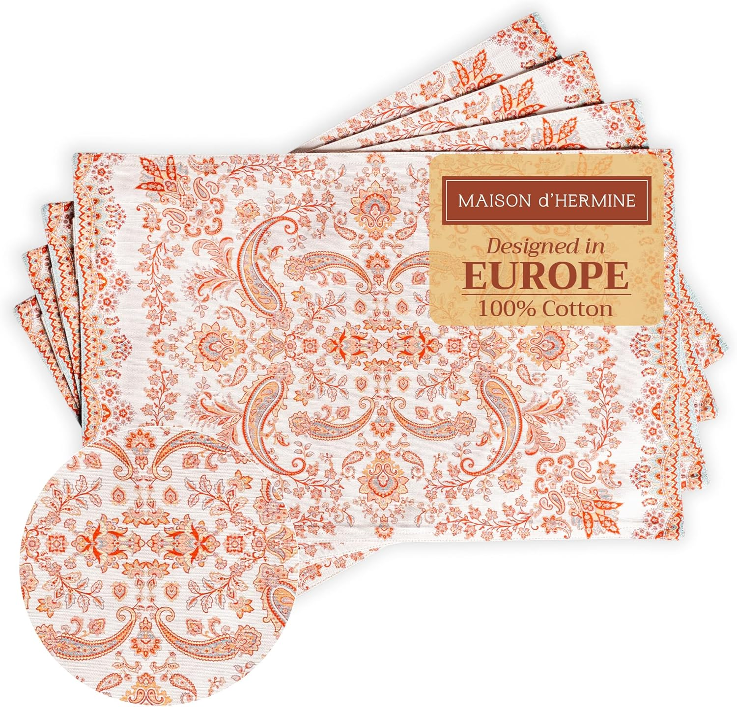 Maison D'Hermine Placemats Set of 4 100% Cotton Washable Cloth Place Mats, Reusable Table Mats for Kitchen Dining Decoration, Party, Wedding, Restaurant (Kashmir Paisley, 13" X 19")