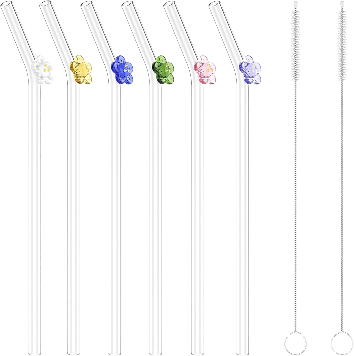 Bigqin 6 Pcs Glass Straws Reusable, Cute Clear Flower Drinking Straws with 2 Cleaning Brushes, Food Grade Reusable Straws Dishwasher Safe for Drinking Smoothies, Juices, Shakes, Cocktails image number 4