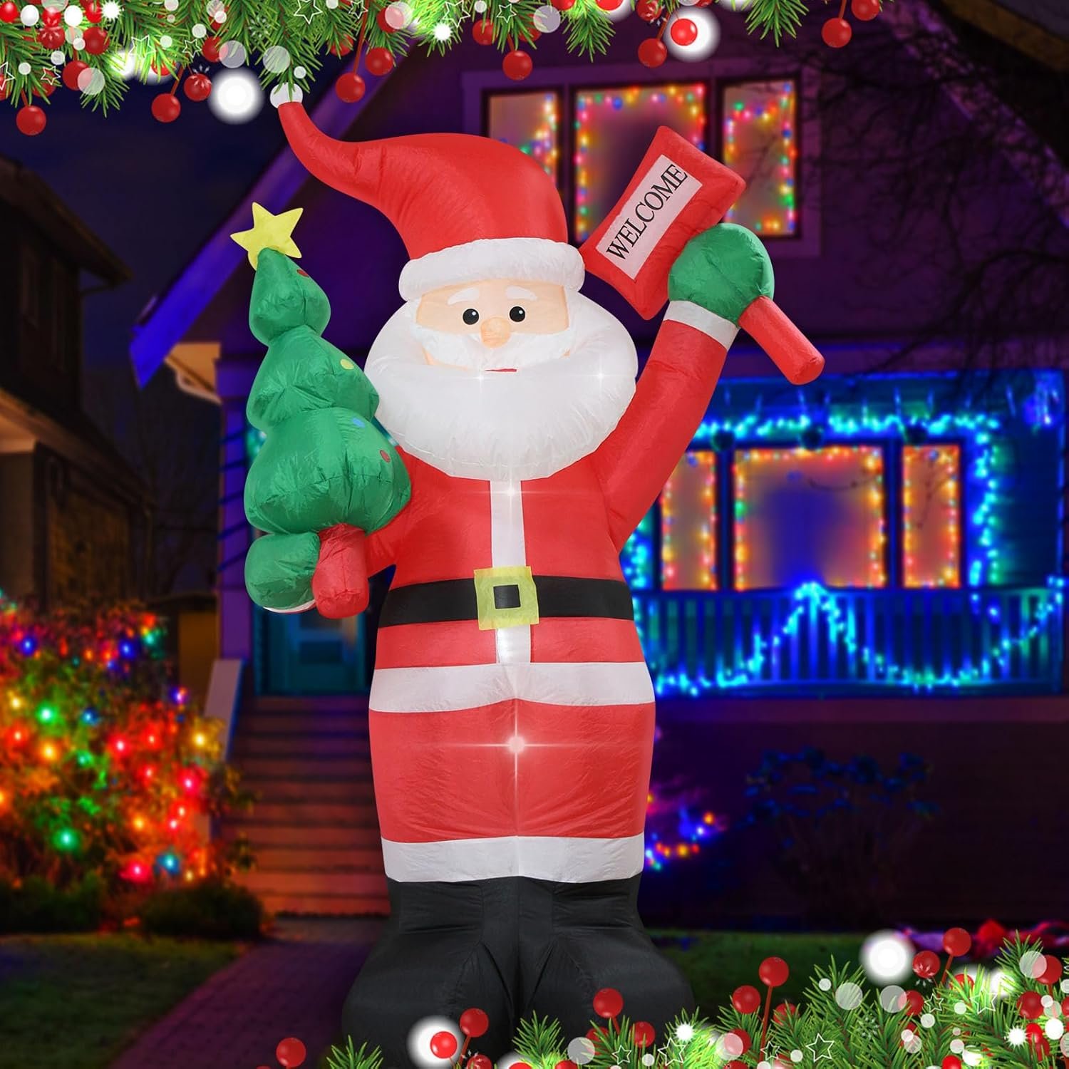 Christmas Inflatables Santa Holds Tree Welcome Lighted Yard Lawn Inflatable Decoration Holiday Party Decor, Christmas Decor Blow up Outdoor Yard Lawn Decoration (6FT- Santa Holds Tree & Welcome) image number 1