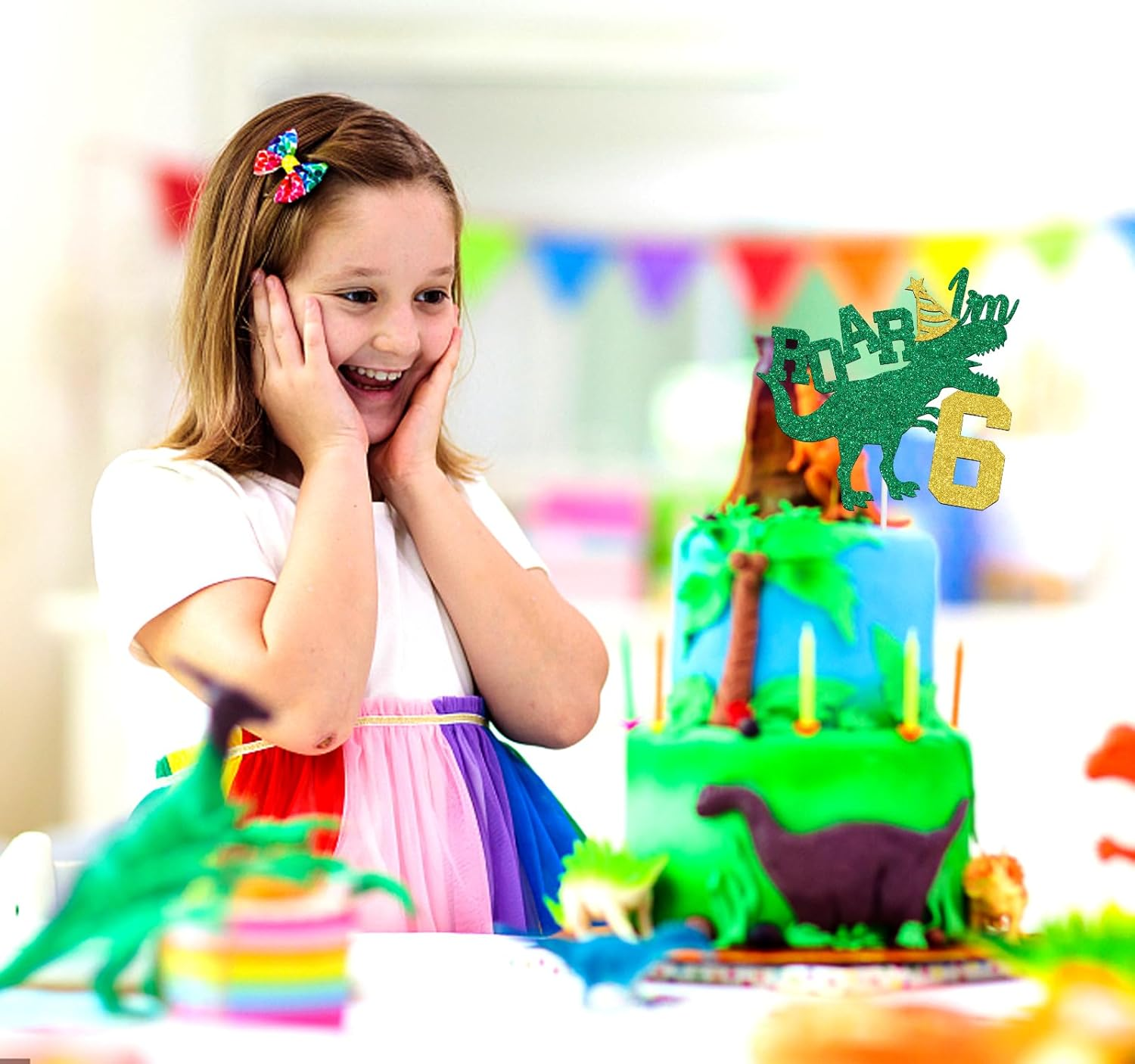 Ferburitar Roar I'M 6 Cake Topper, Dinosaur Jungle Safari Cake Topper for Boys Girls, Happy 6Th Birthday Party Decorations Supplies for Kids, Gold and Green Glitter image number 2