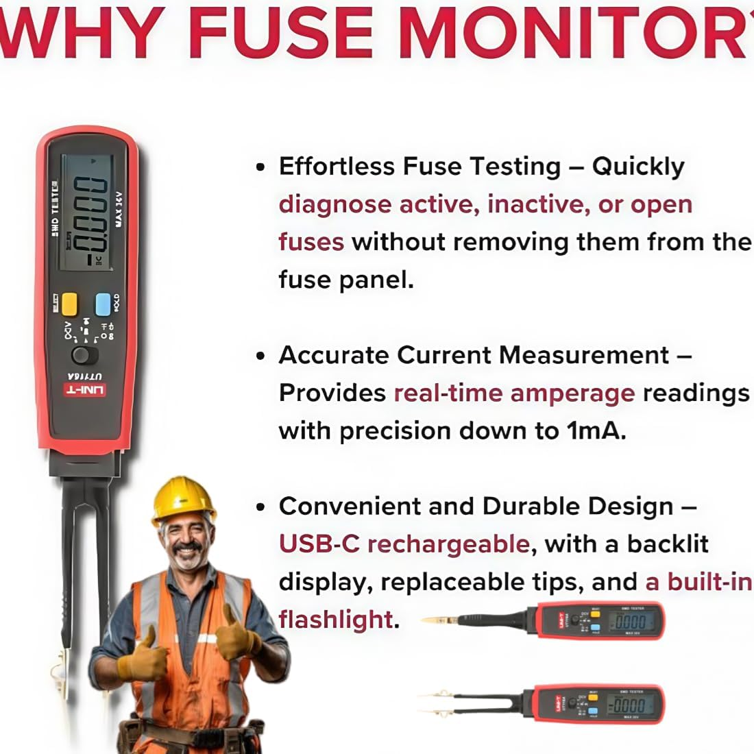 Parasitic Draw Fuse Tester Automotive, Car Circuit Tester Monitor Accessories, Fuse Monitor, Maxi & ATC Fuses Live Current Readings, Replaceable Tips and Built-In Flashlight (2PC) - 1Pc image number 5