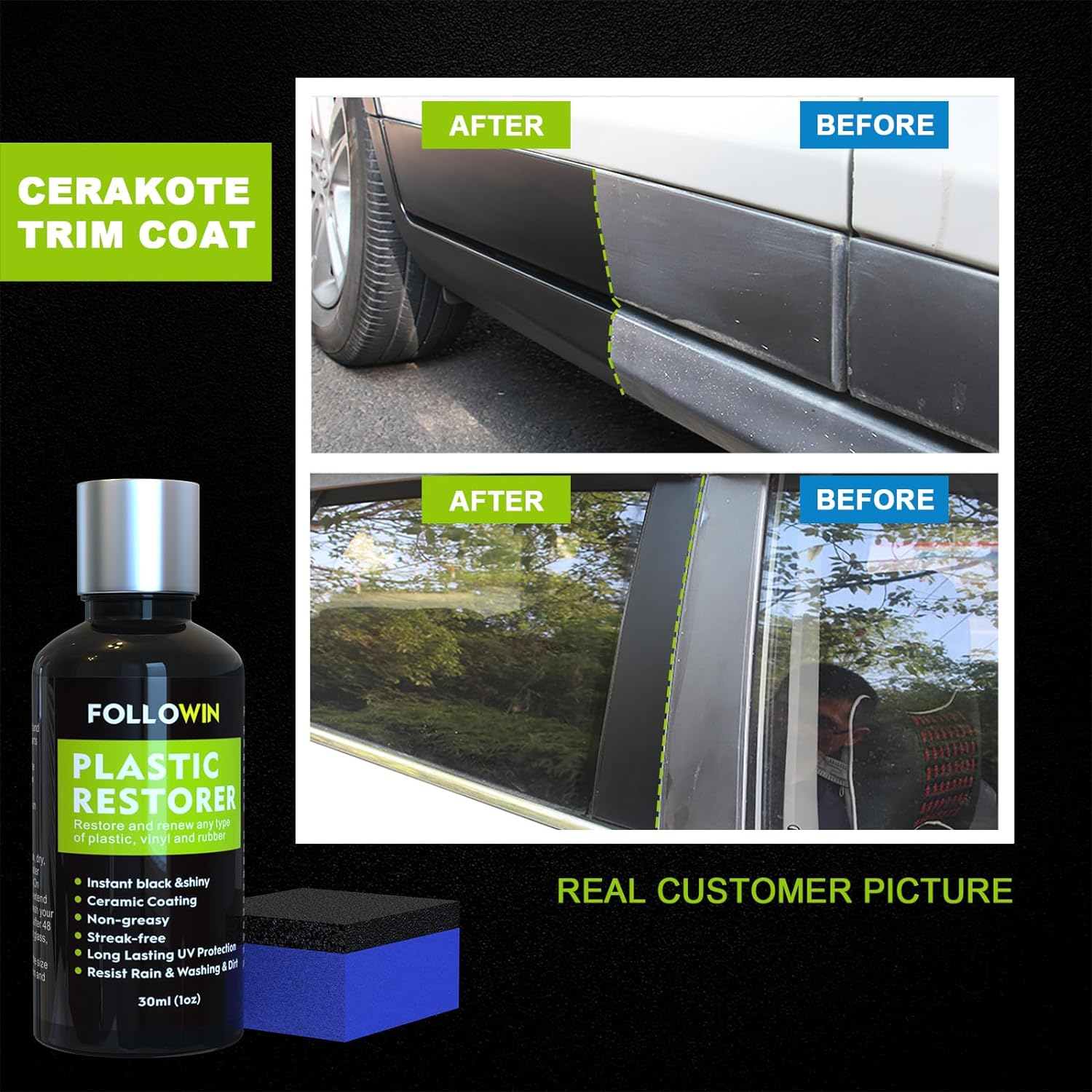 FOLLOWIN Plastic Restorer for Cars Ceramic Plastic Coating Trim Restore, Resists Water, UV Rays, Dirt, Ceramic Coating, Not Dressing, Last over 200 Washes, Highly Concentrated, 30Ml image number 2