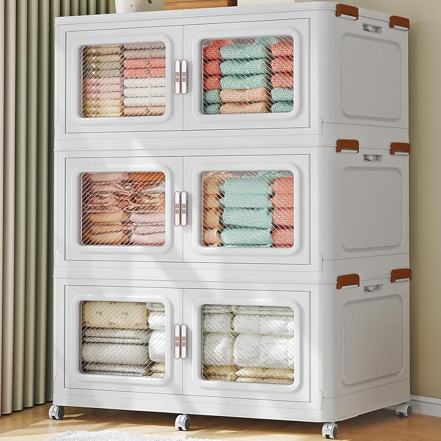 MOTYYA 660 Qt Stackable Storage Bin with Lid, 165Gal Extra Large Collapsible Storage Boxes, Folding Plastic Drawer, Heavy-Duty Store Cabinet, Closet Organizer for Home Kitchen, 3 Pack White