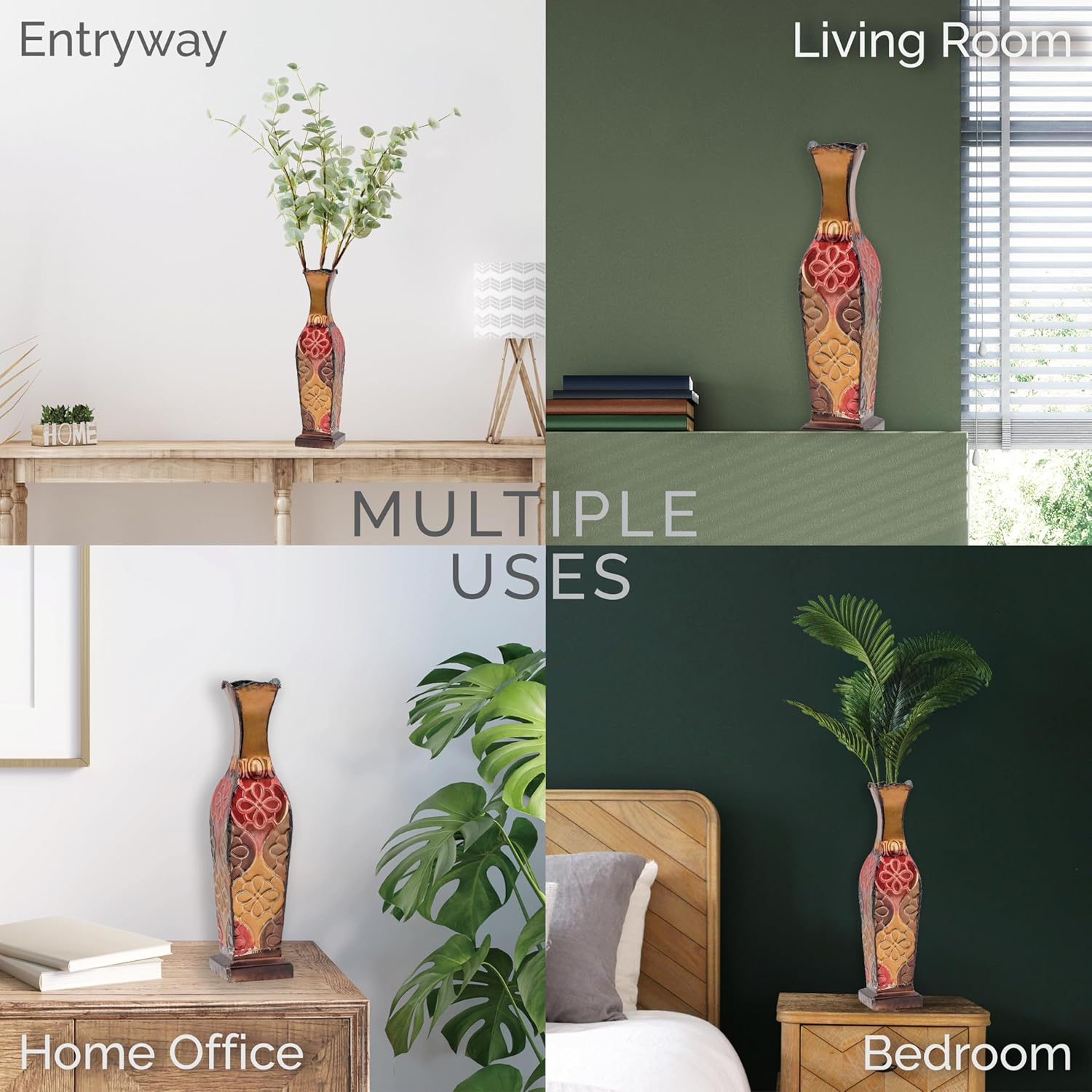 Elements Embossed Metal Floral Decorative Vase, 17-Inch image number 3