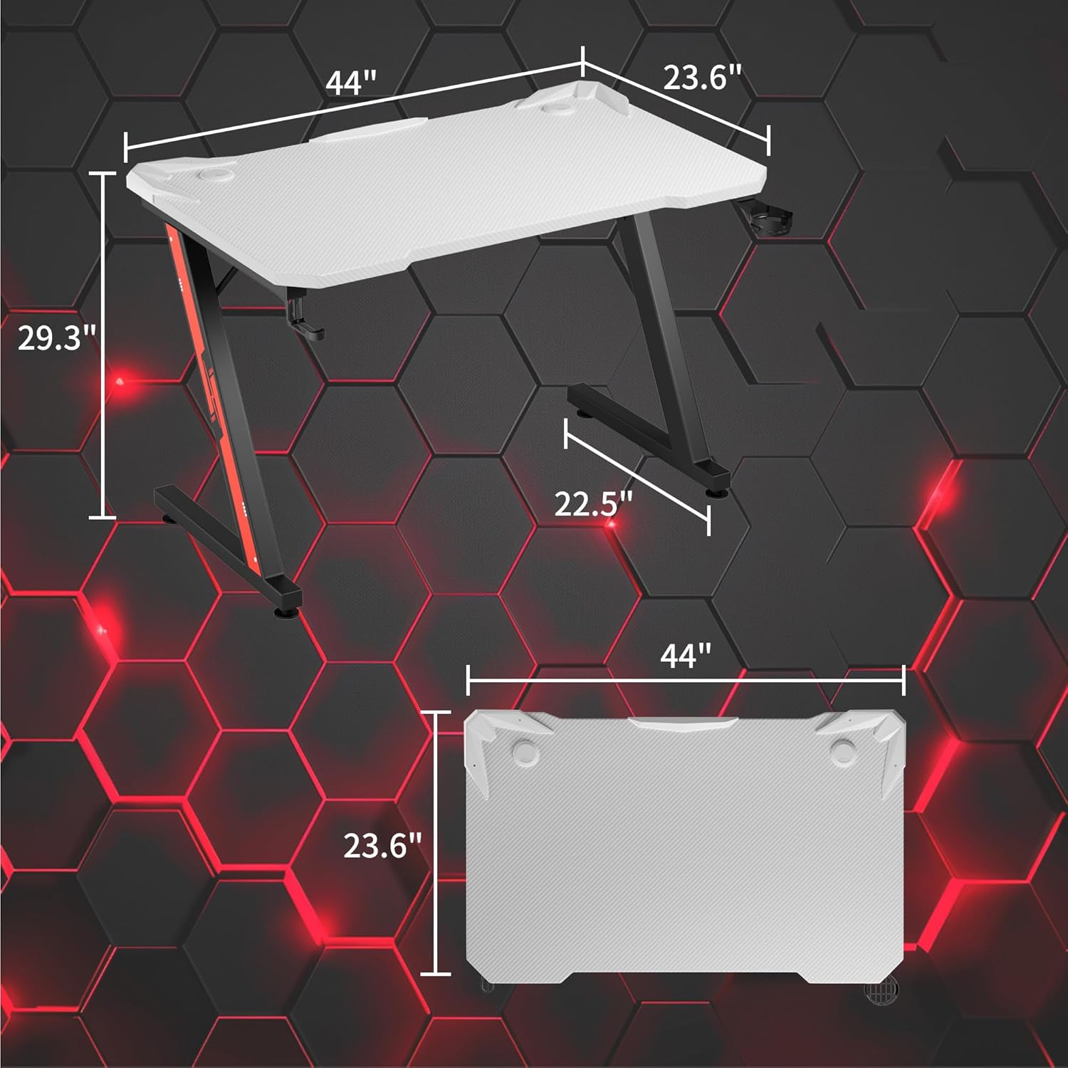 Furmax Gaming Desk Computer Desk Z-Shaped Gaming Table with Carbon Fibre Surface Home Office Desk PC Workstation Desk with Cup Holder, Headphone Hook Modern Style Desk (White, 44 Inch) image number 2