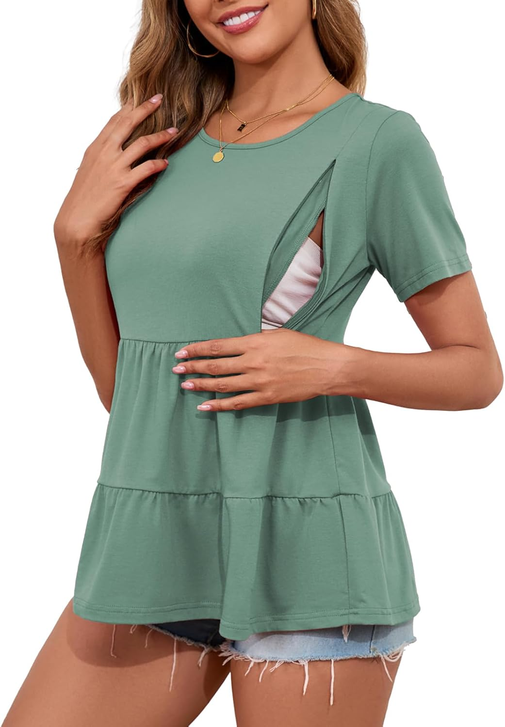 Ecavus Women'S Nursing Top Short Sleeve Breastfeeding Tee with Hidden Zipper Loose Fit Maternity Tunic Pregnancy Shirt