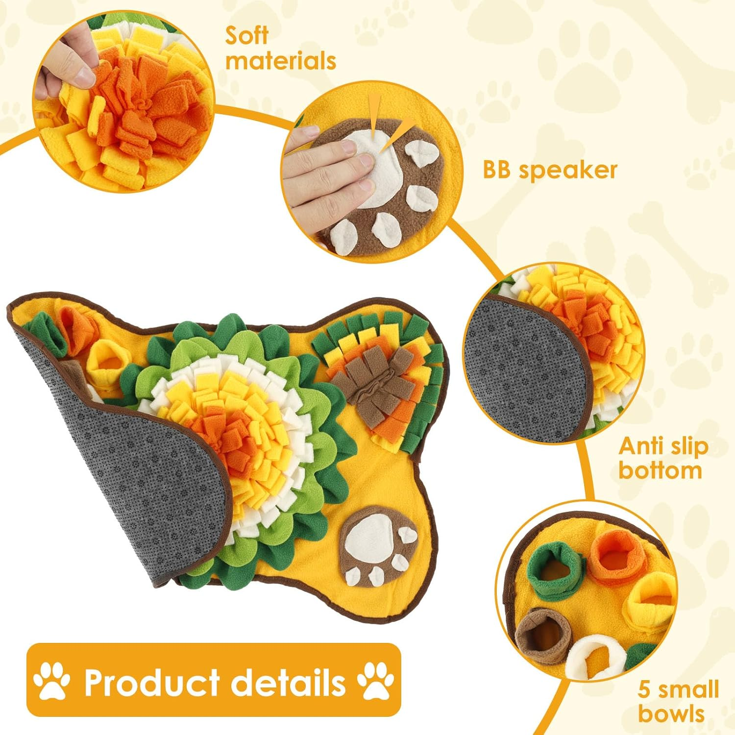 DJAPWPX Dog Snuffle Mat Funny Dogs Sniff Pad Soft Polyester Dog Treat Dispenser Mat anti Slip Dog Feeding Mat Washable Sniff Feeding Mat for Puppies Small and Medium Dogs (Yellow, A) - Yellow image number 6