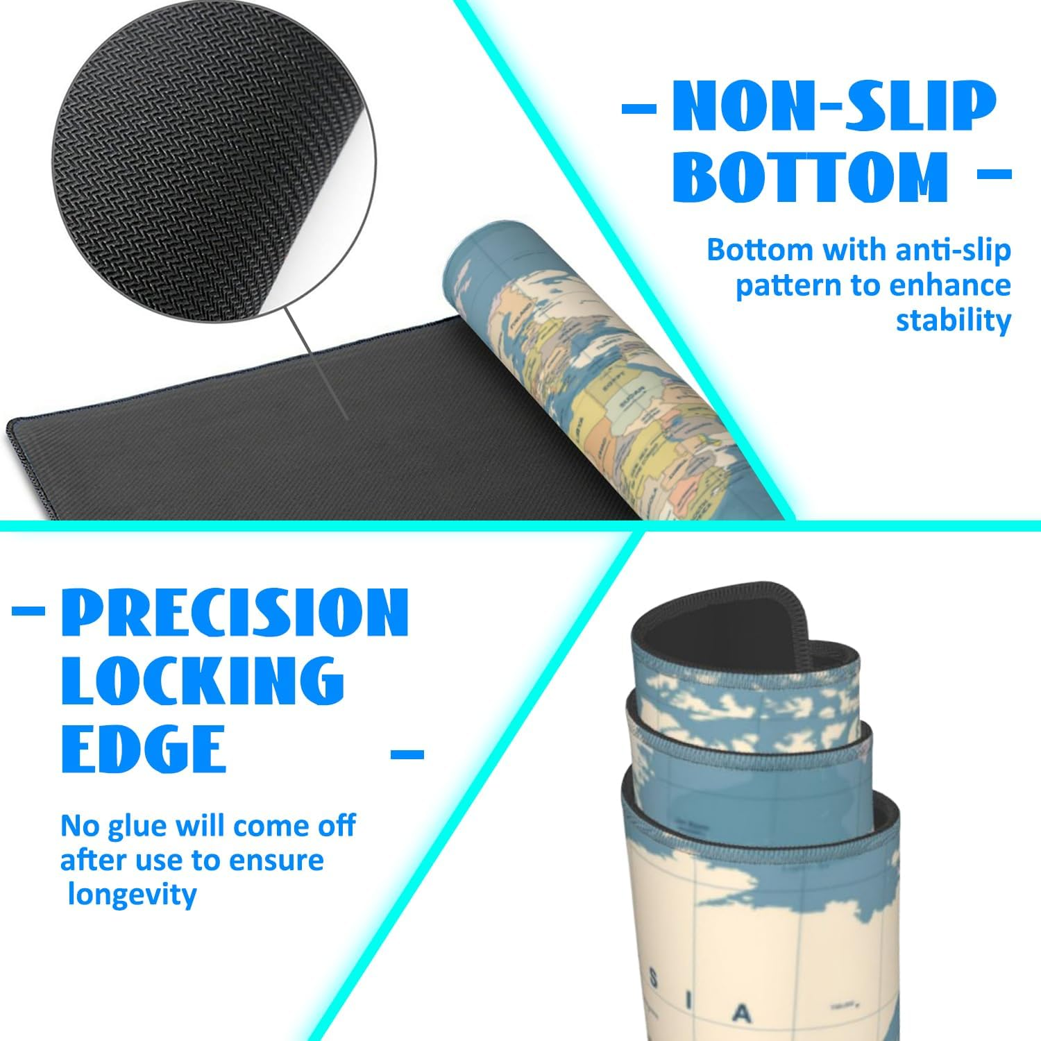 Desk Mat, Blue Vintage World Map Extended Gaming Mouse Pad Large, 35.4"X15.7" Big Mouse Pad with Non-Slip Base and Stitched Edge, Long Computer Keyboard Mouse Mat for Home Office Work image number 4