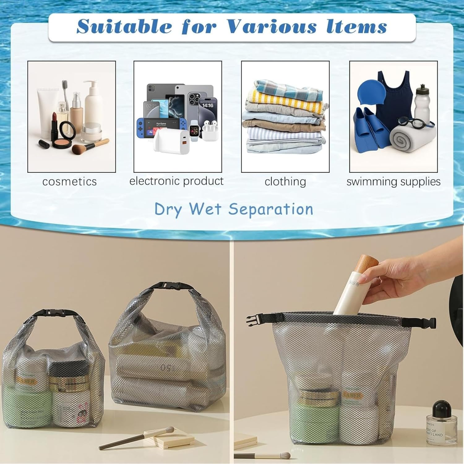 Women'S Fully Waterproof PVC Tote Bag | Grey Mesh Print Sealed Beach, Swim & Gym Bag | Multi-Purpose Travel & Shopping Carryall | 27X11.5X24.5Cm image number 4