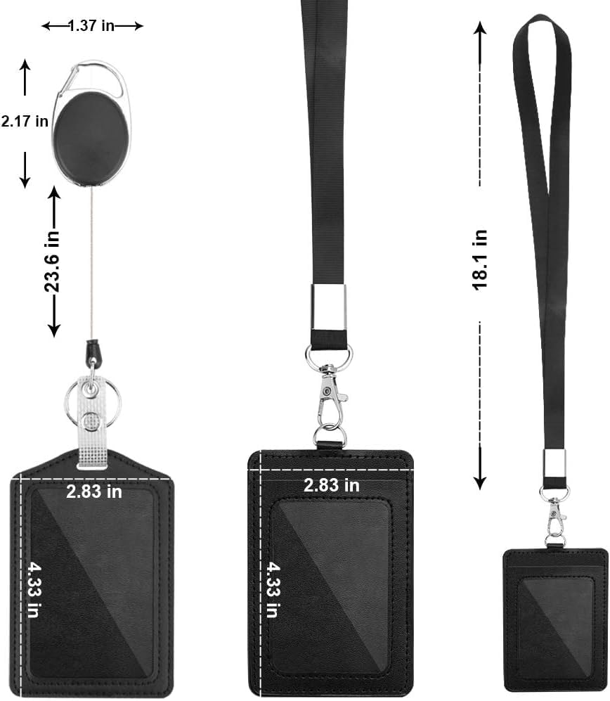 LH-2 Pack Badge Holders, Vertical PU Leather ID Badge Card Holder with 1 Clear ID Window, with Detachable Neck Lanyard Strap and Retractable Badge Reel ID Card Holders Set image number 4