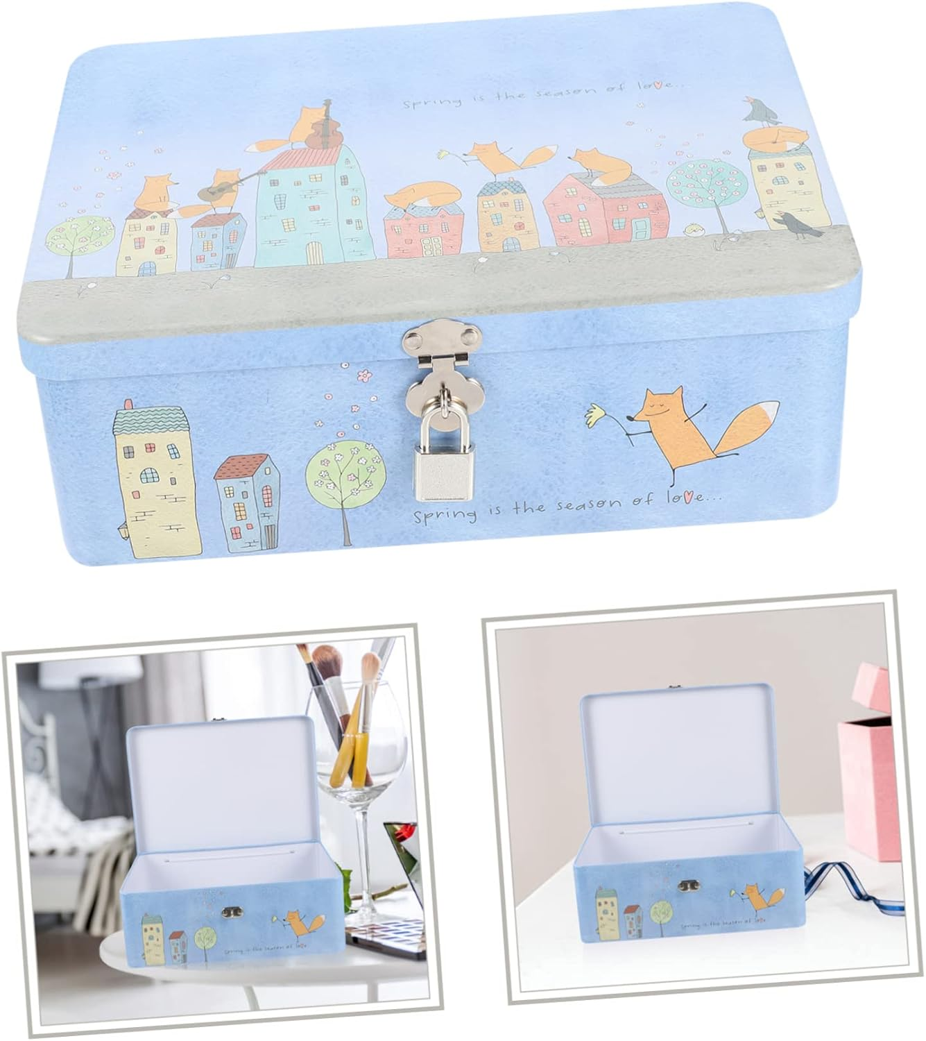Jojofuny Vintage Tin Storage Box Lock Large Retro Metal Keepsake Storage Box Portable Desktop Organizer for Home Office image number 6