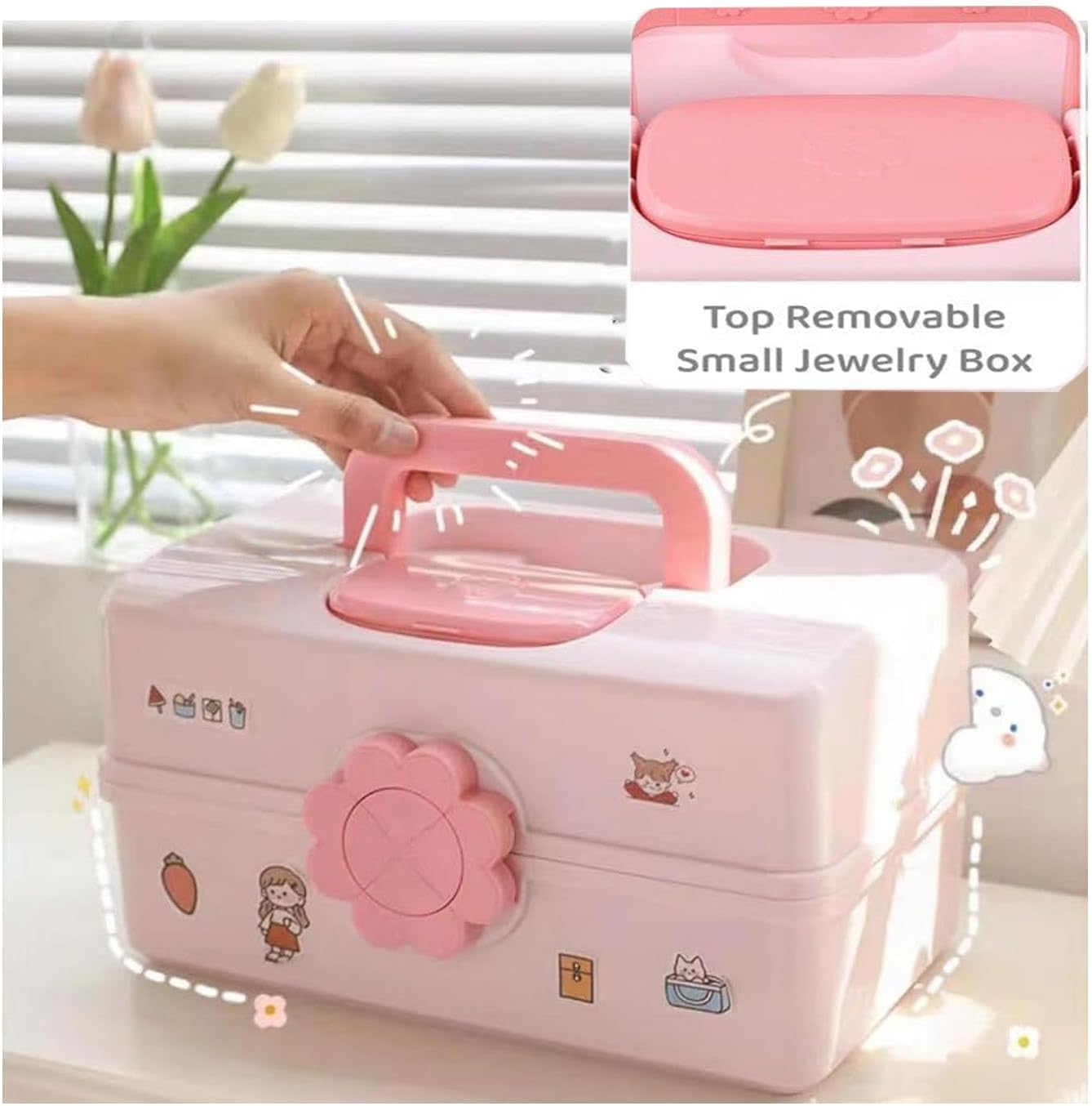 Roczential Hair Accessories Organizer for Girls Headbands, Clips, Ties Baby Girl Supplies, Lockable Three-Layer Folding Craft Organizers and Storage Plastic Jewelry Box (34 * 19Cm) image number 2