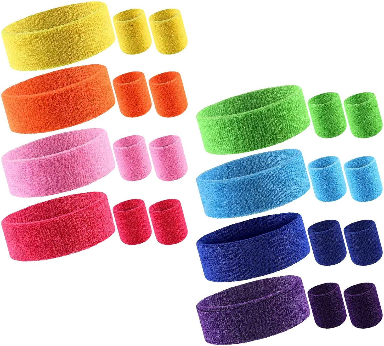 24 Pieces 80S Neon Sweatbands Set, Include 8 Sports Headbands and 16 Sweat Wristbands Elastic Athletic Tennis Sweat Bands Bulk for Man Woman