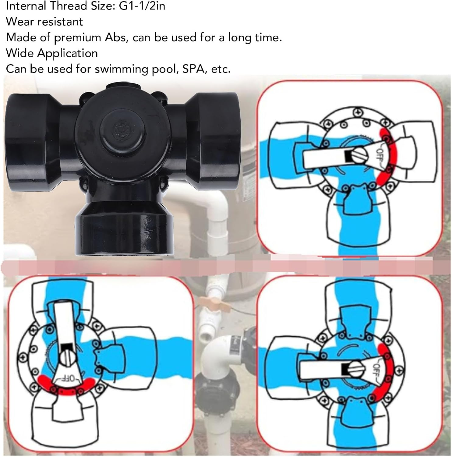 Generic 3 Way Diverter Water Valve, Swimming Pool Seal Water Diverter Valve, 3 Way G1‑1/2In Female Thread Plastic Replacement Part for 4517 Pool Spas image number 2