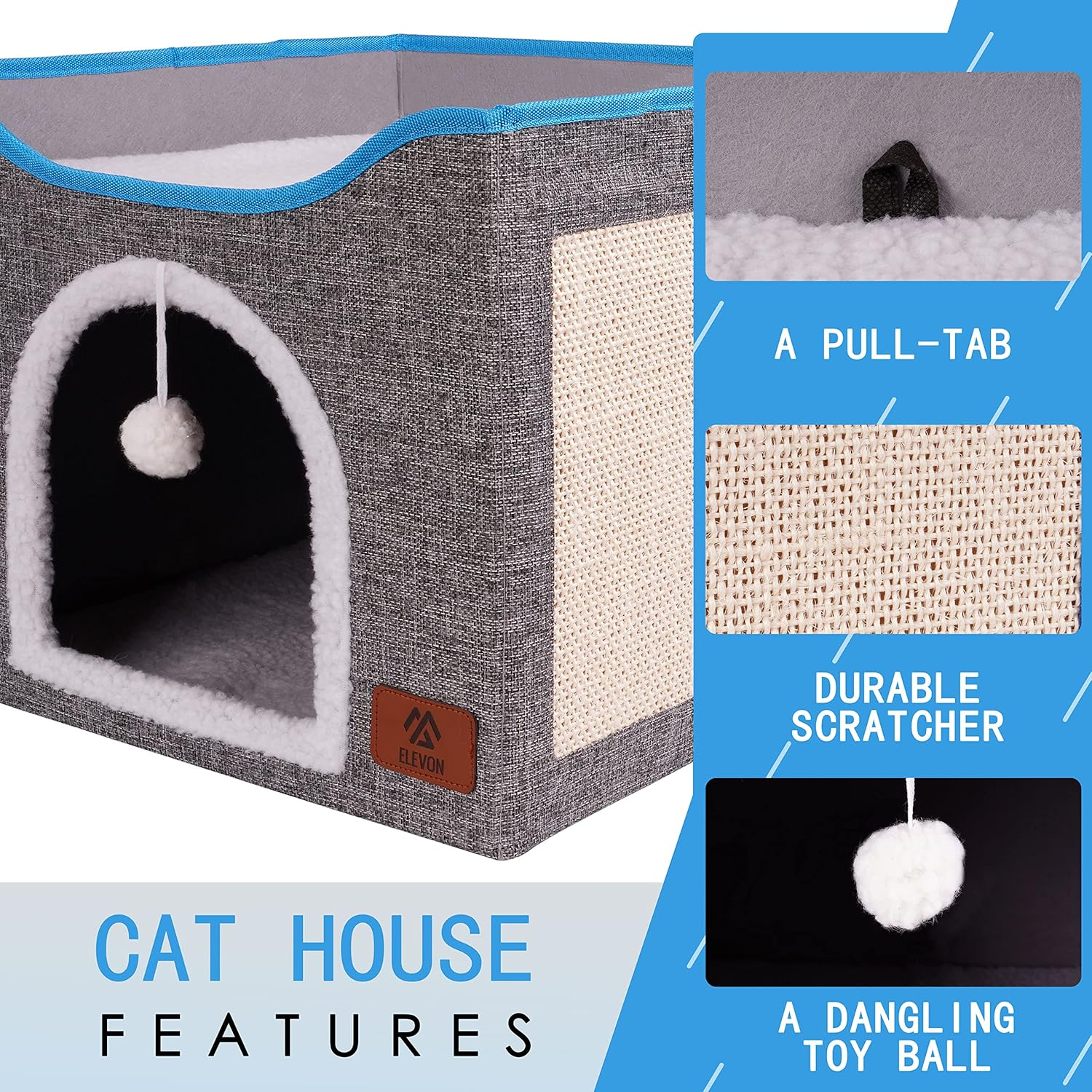 Elevon Cat Beds for Indoor Cats, Foldable Cat House Suitable for All Seasons, Cat Cube Apartment with Cat Scratch Board and Reversible Cushion, Suitable for Multi Small Pet under 20 Lbs, Grey