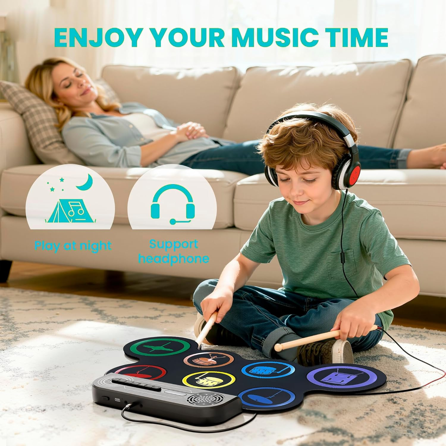 Electric Drum Kit Built-In Speaker, Kids Electronic Drum Practice Pad Set, Portable Roll up Drum Machine with Drumsticks, 2 Foot Pedals，Great Birthday for Boys Girls image number 3