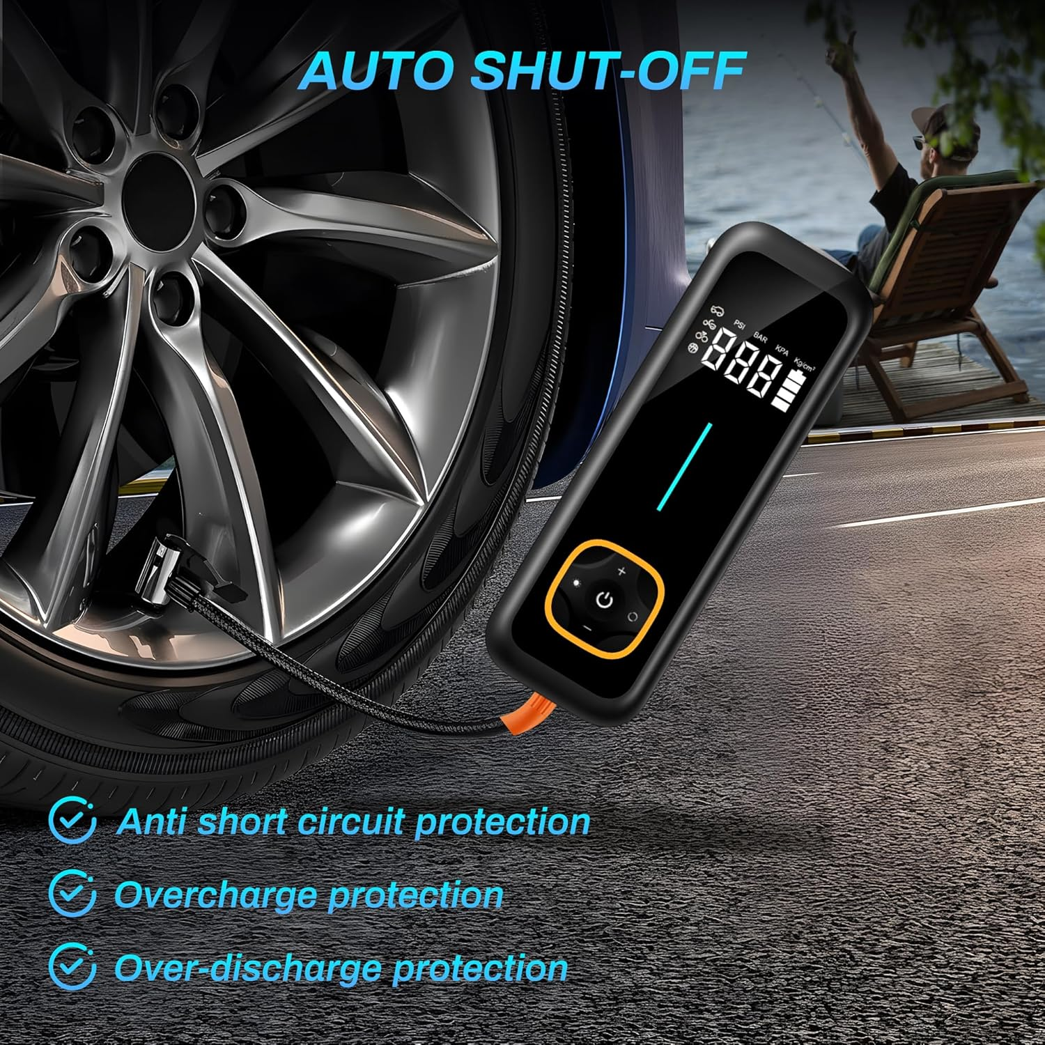 Advwin Portable Tire Inflator, Air Compressor 150PSI, Cordless Car Air Pump with LCD Digital Pressure Gauge, Electric Tire Pump Automatic Stop, for Cars Motorcycles Bike Ball image number 4